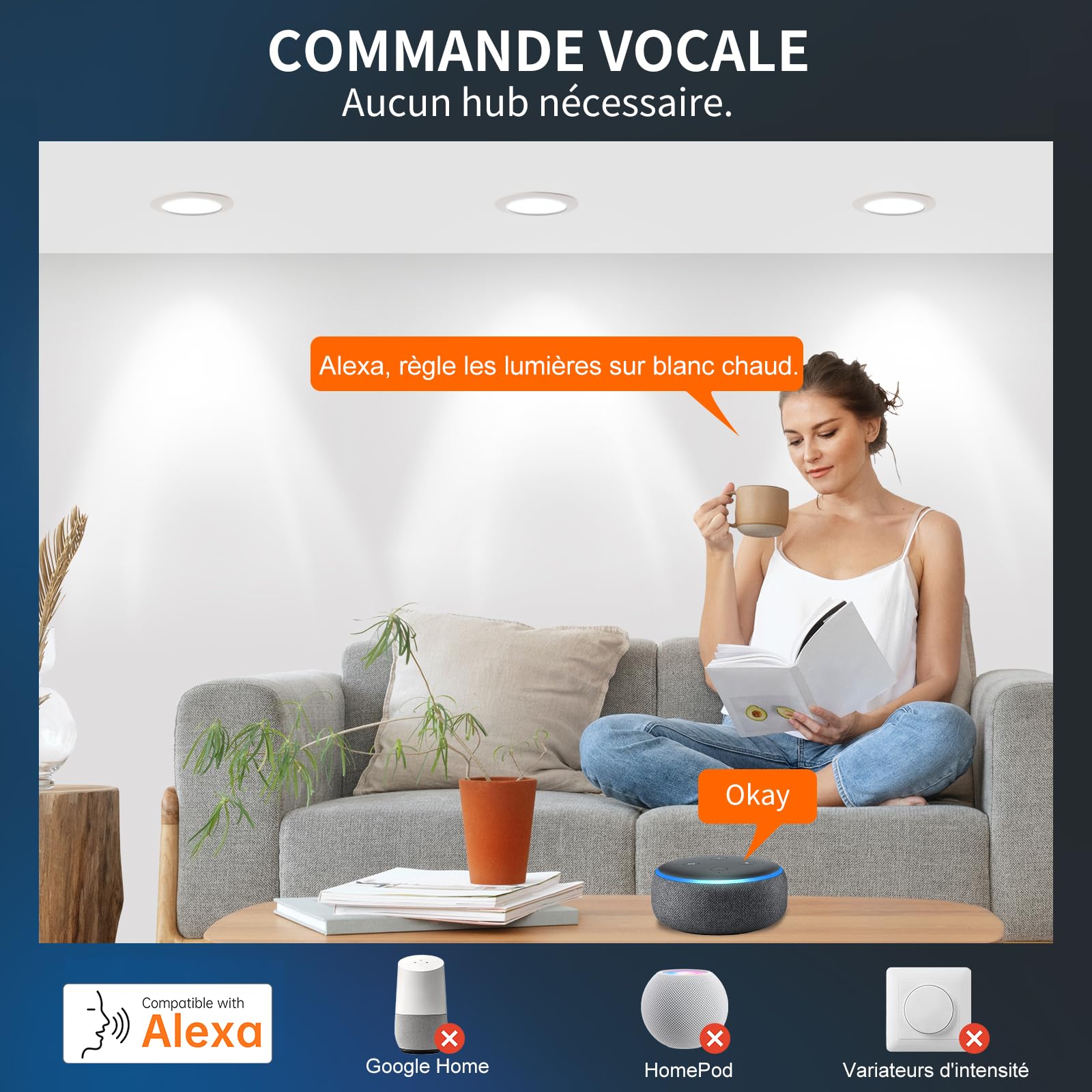 DUSKTEC Spot Led Encastrable Connectée Alexa, 220V Spot LED Extra Plat Intensité Variable Blanc Réglable 2700K-6000K 10W, Spot Encastré Dimmable Bluetooth, Éclairage Encastré Salle de Bain, Lot de 6