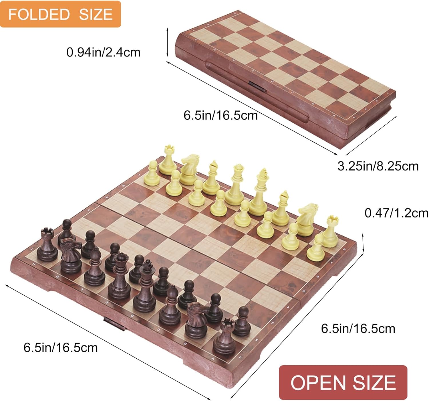 Mini Magnetic Travel Chess Set 6.5inch, Walnut-Style - Small Portable Pocket Folding Chess Board Games, Ideal for Travel and Gifts