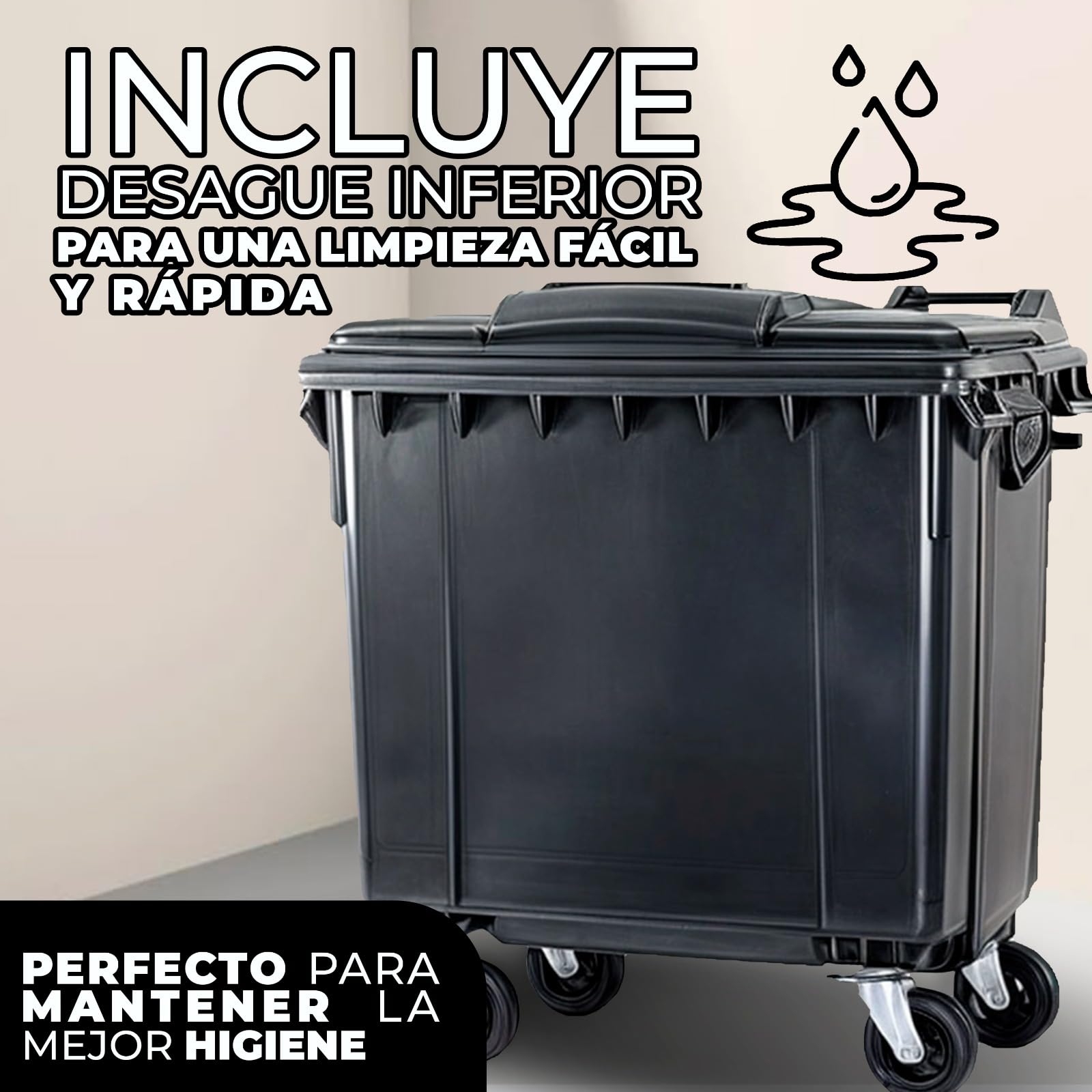 SSI Contenedor de Basura 1100L con Tapa Plana - Ruedas con Freno, Desagüe Inferior, Cumple Normativa EN-840, Ideal para Grandes Volúmenes de Residuos y Reciclaje en Exteriores (Antracita, 1100 litros)