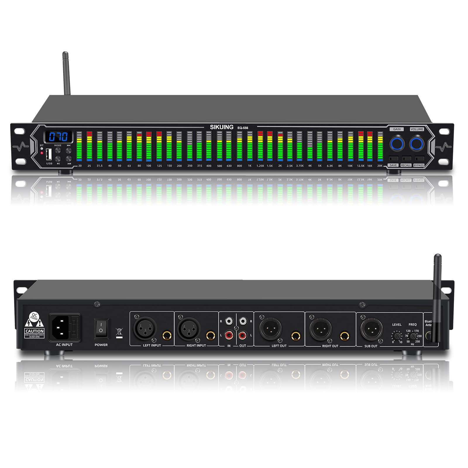 31-Band Digital Equalizer,LED-Musikspektrumanzeige,Stereo Dual-Channel mit 10 voreingestellten Modi,Bluetooth & USB,Noise-Canceling Funktion,Ideal für Zuhause,Partys und Bühnenauftritte EQ556