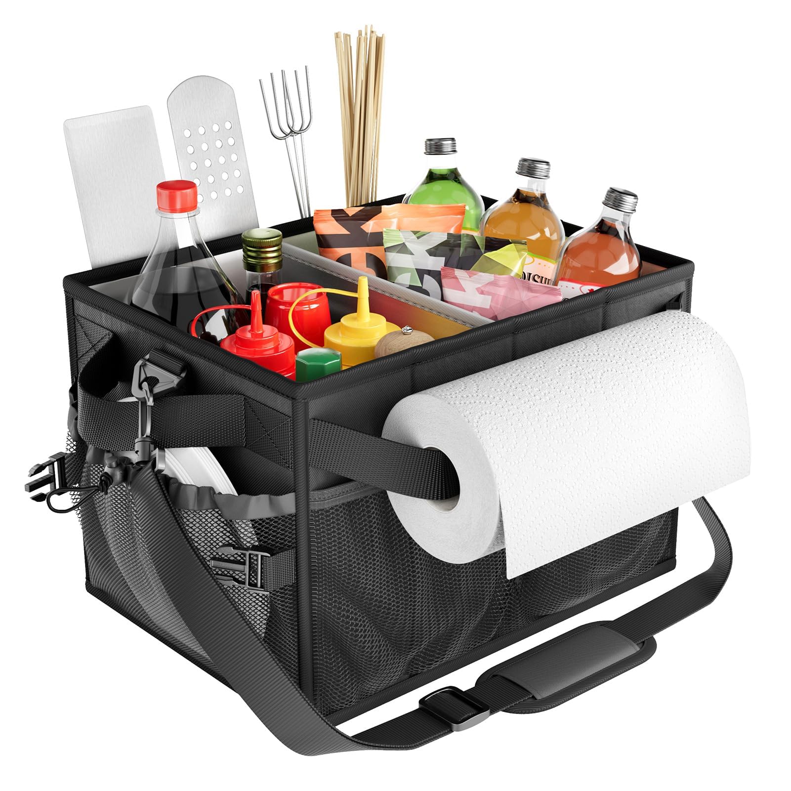 Azonee Grill Caddy, Collapsible Picnic Basket for Outdoor Camping Barbecue, Barbecue Tools Organizer Must-have Accessories for Barbecue, Camping, Outdoor Barbecue Storage Organizer (Black)