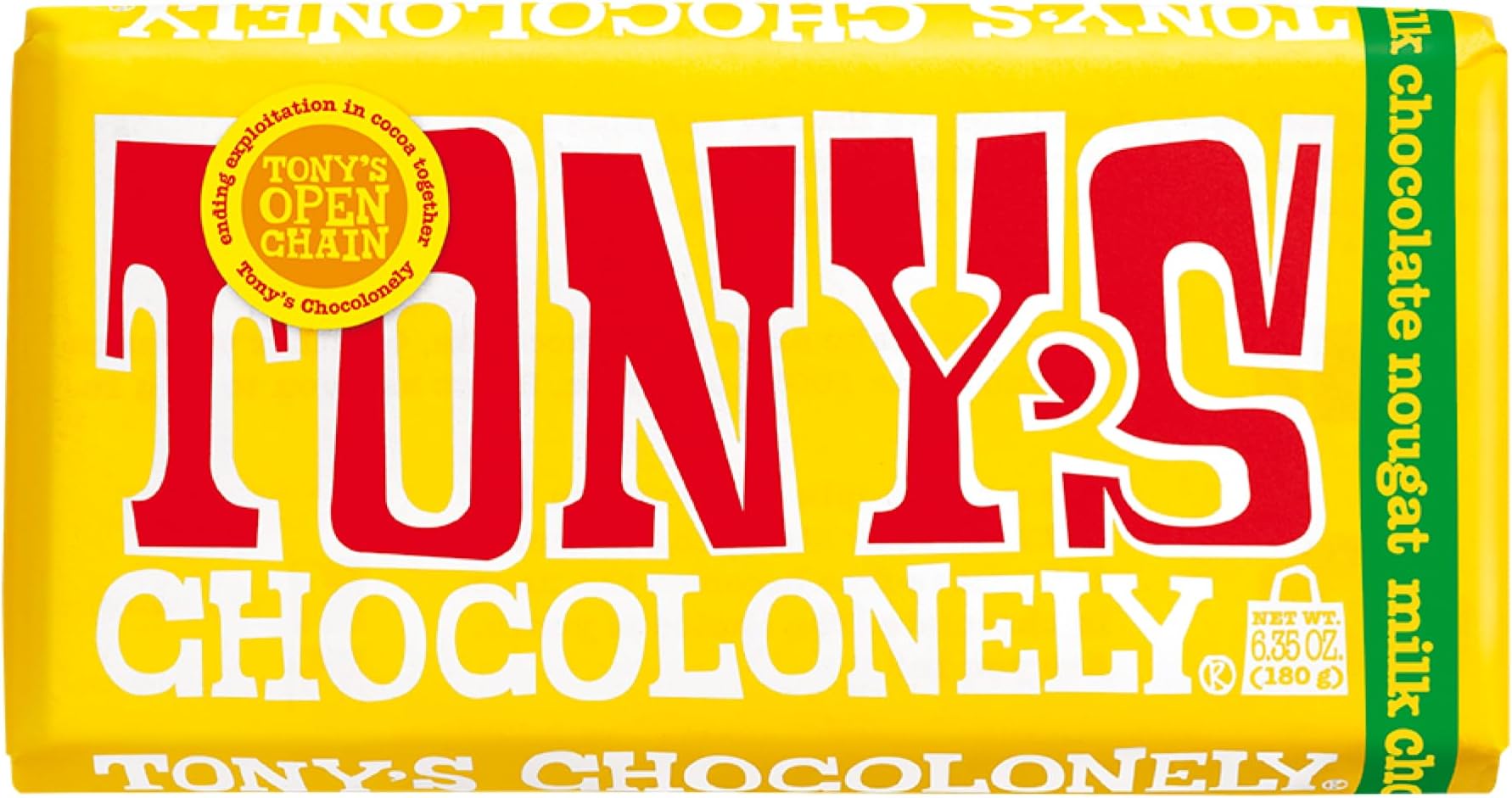 Tony’s Chocolonely Belgian Milk Chocolate Honey Almond Nougat Candy Bar for Snacks, Chocolate Bar for Party Favors, Gifts, or Gift Basket, 32% Cacao, Made From Quality Fairtrade Cocoa, 6.35 Oz