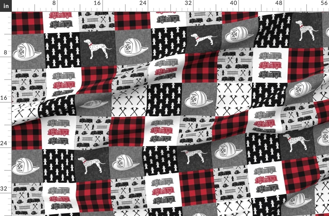 Spoonflower Fabric - Fire Truck Engine Baby Boy Nursery Patchwork Quilt Top Cheater Printed on Organic Cotton Sateen Fabric by The Yard - Sewing Quilting Apparel Home Decor