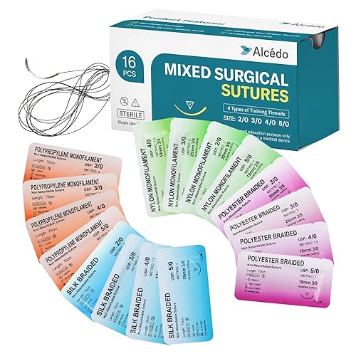 Alcedo Hilo de sutura con aguja, 16 unidades (2/0, 3/0, 4/0, 5/0), no absorbible (nailon, seda, poliéster, polipropileno) para enfermería y