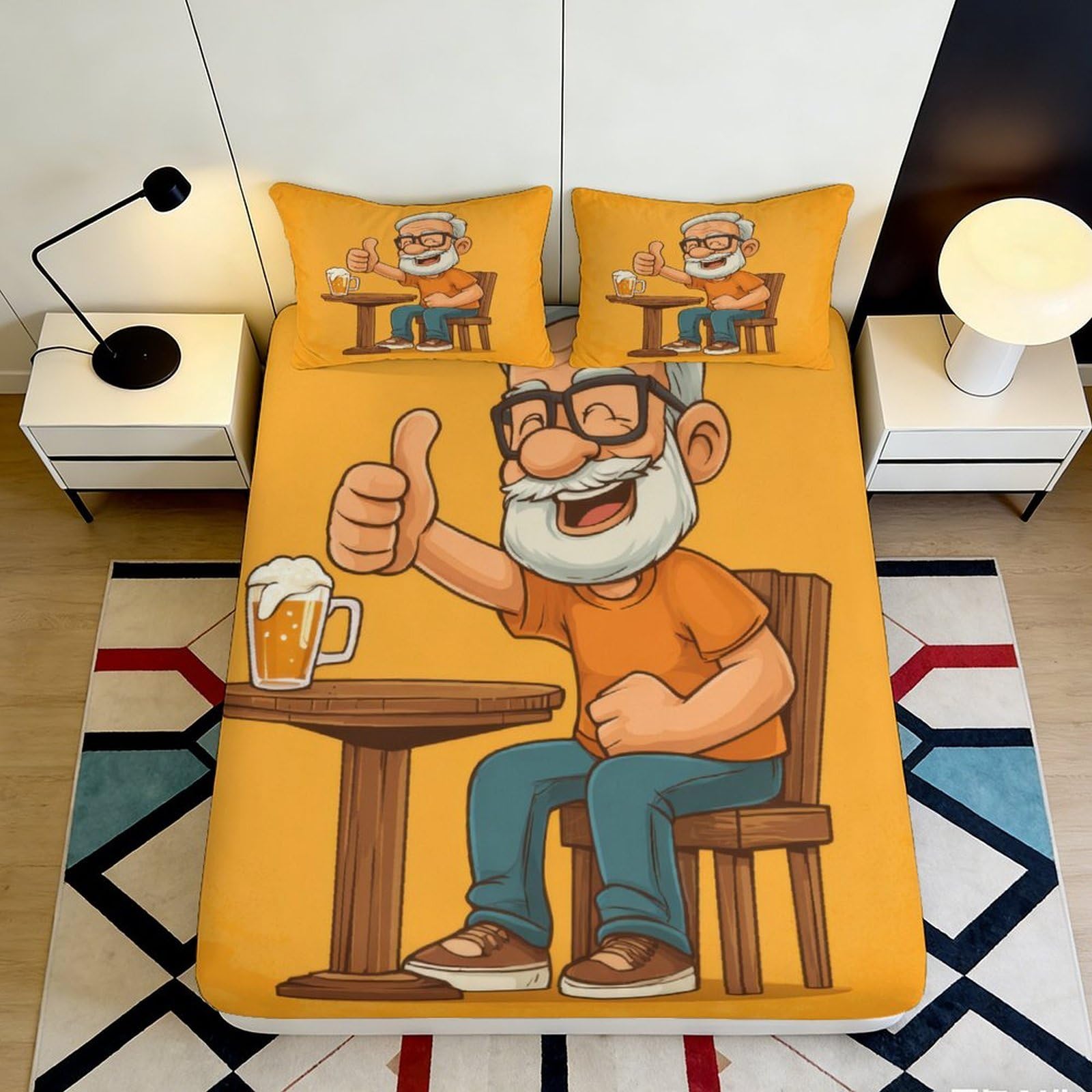 3D Printed Cartoon Grandpa Fitted Sheet Microfiber Orange Beer Mug Mattress Cover for Bedroom Dorm Decor Easy Care 90x200x25cm