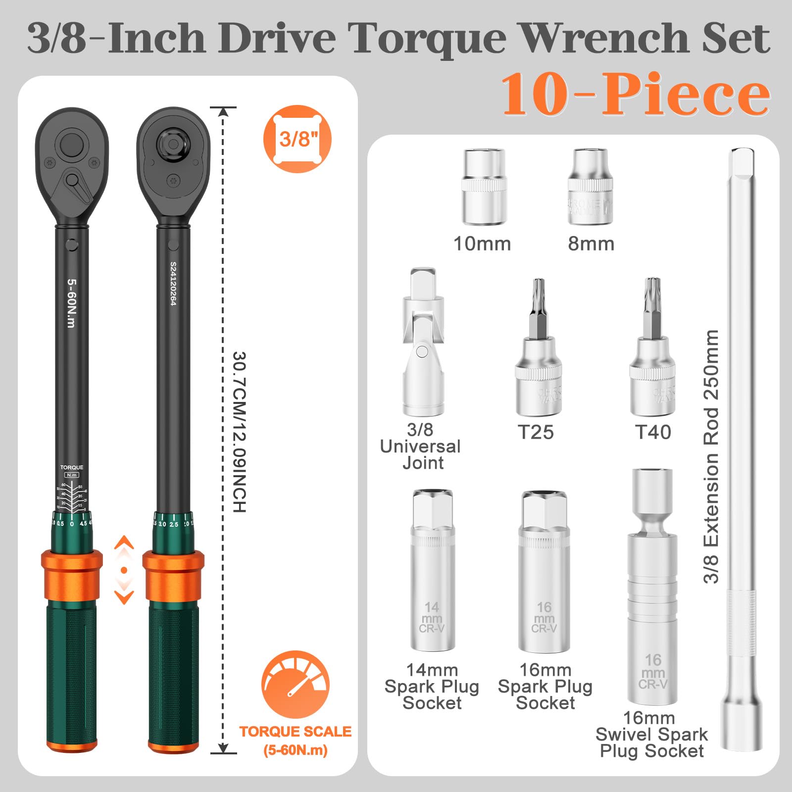 Clé Dynamométrique 3/8, 5-60Nm, 10 Pièces Cle Dynamométrique Set avec Barre D'extension 250mm, Douilles à Bougie, Cardan universel, pour Vélo et Moto, Remplacement de Bougie D'allumage de Auto