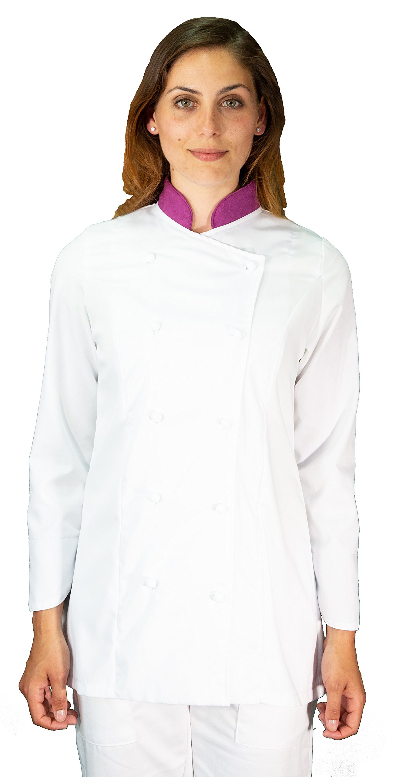 Ricamo Gratuito - Completo Cuoco da Cucina - Bianco e Viola Scuro - Divisa Chef Donna - Pantalone, Giacca e Grembiule - Made in Italy