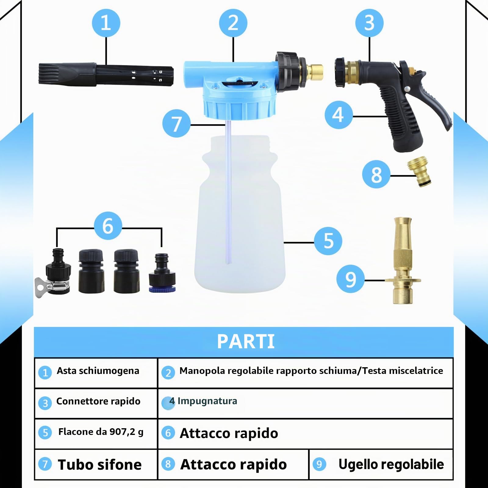 Pistola a Schiuma per Auto, 900 ml 2 in 1 con Lancia in Schiuma Regolabile per la Pulizia di Auto, in Schiuma, Cannone da Giardino, per la Pulizia di Auto e Moto (Blu)