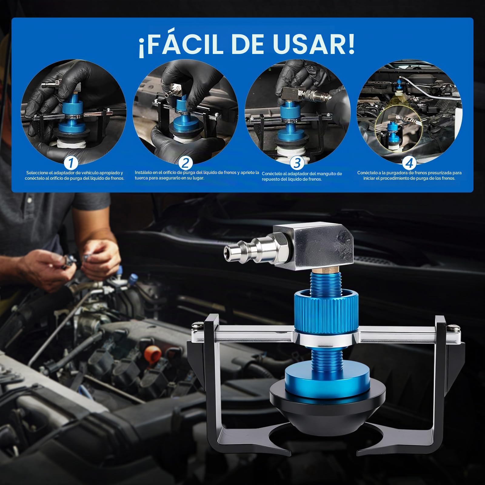 Adaptador Universal de Purga de Frenos 22–58 mm, con 4 Conexiones rápidas (EU US métrico japonés), Resistente al Calor al Desgaste y al Aceite, Compatible con Cadillac Mazda Honda Toyota