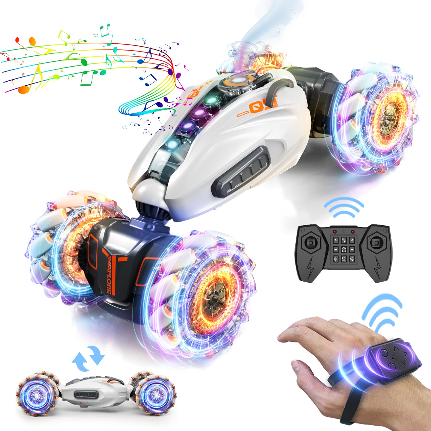 RC Stunt Car,2.4GHz 4WD Remote Control Gesture Sensing Toy Cars,Double Sided Driving,360 °Rotation,Off Road Vehicle,Hand Controlled RC Car with Lights&Music, Birthday Gifts for Boys&Girls(Gray)