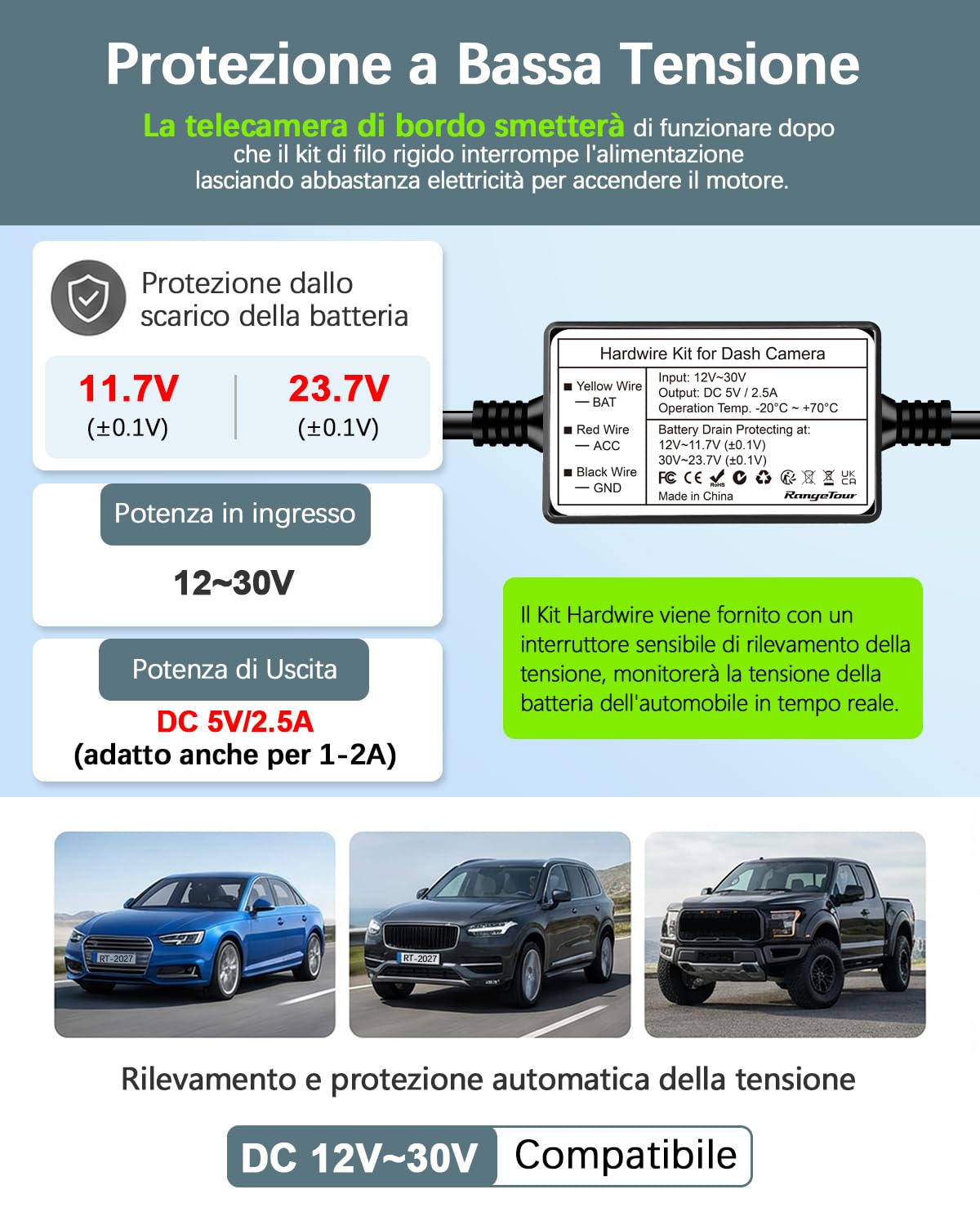Kit Cablaggio USB-C, Dash Cam Hardwire Kit con 4 Tipi/8 Fusibili Adattatori, Cavo Tap e Strumento di Installazione 4m/13.12ft 12V/24V a 5V/2.5A Auto Cavo di Ricarica Kit