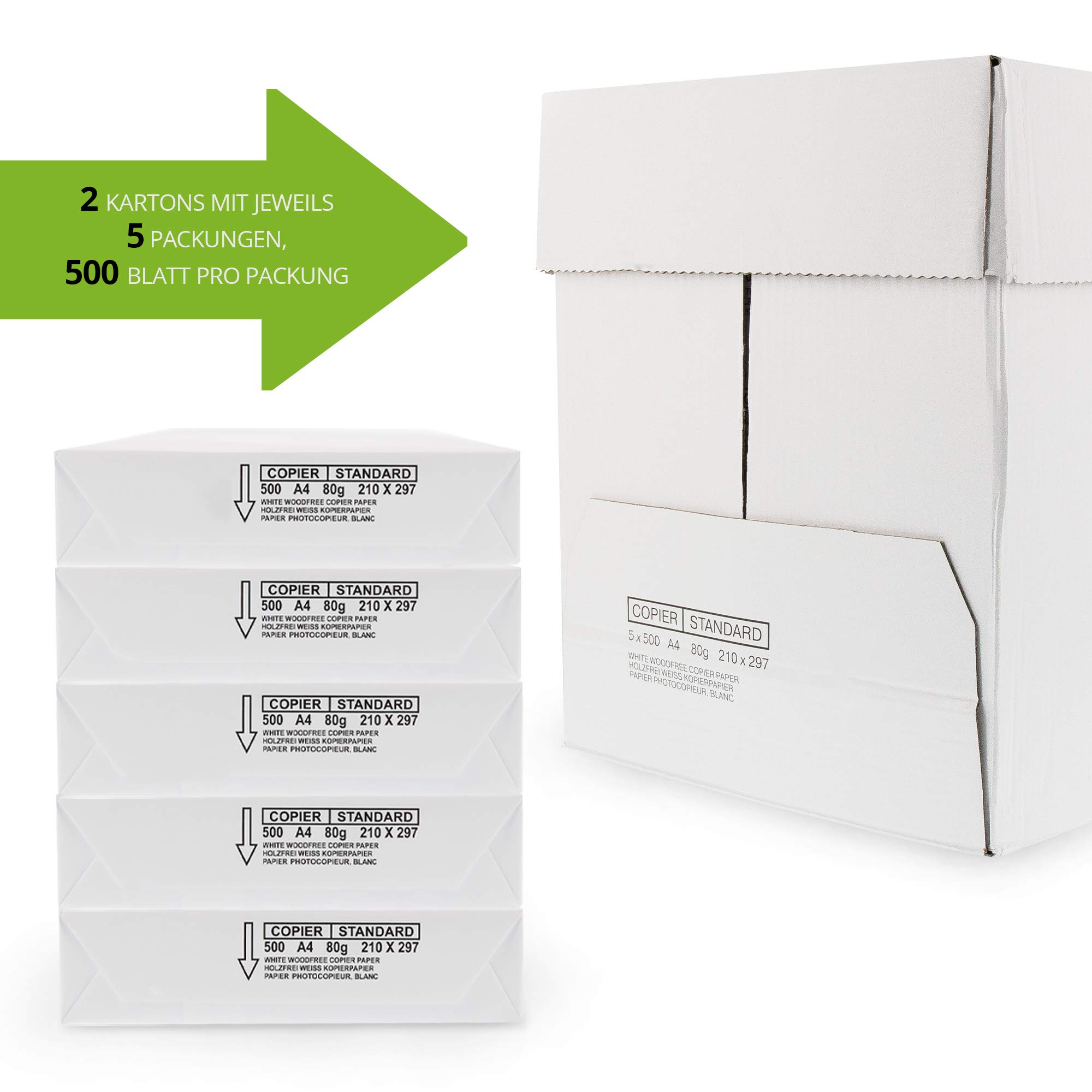 Druckerpapier Kopierpapier DIN A4, 80g Papier holzfrei weiß, 2 Kartons mit jeweils 5 Packungen, 500 Blatt pro Packung