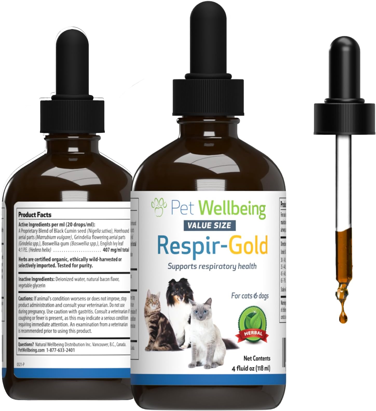Respir-Gold for Dogs & Cats - Supports Healthy Breathing, Open Airways, Respiratory Support, Black Cumin, Horehound, Grindelia - Veterinarian-Formulated Herbal Supplement 4 oz (118 ml)