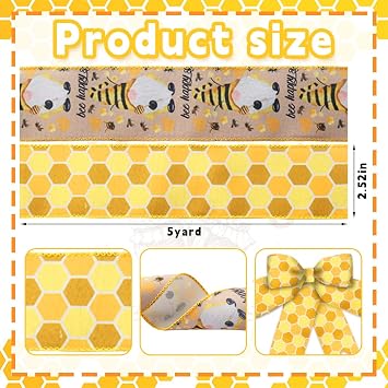 ALIBBON 2 Rolls 2.5 5 Yd Spring Bee Gnome Wired Edge Honeycomb Burlap Ribbon - Yellow for Wreaths, DIY Crafting, Gift Wrapping, Bows Making, Party Decoration