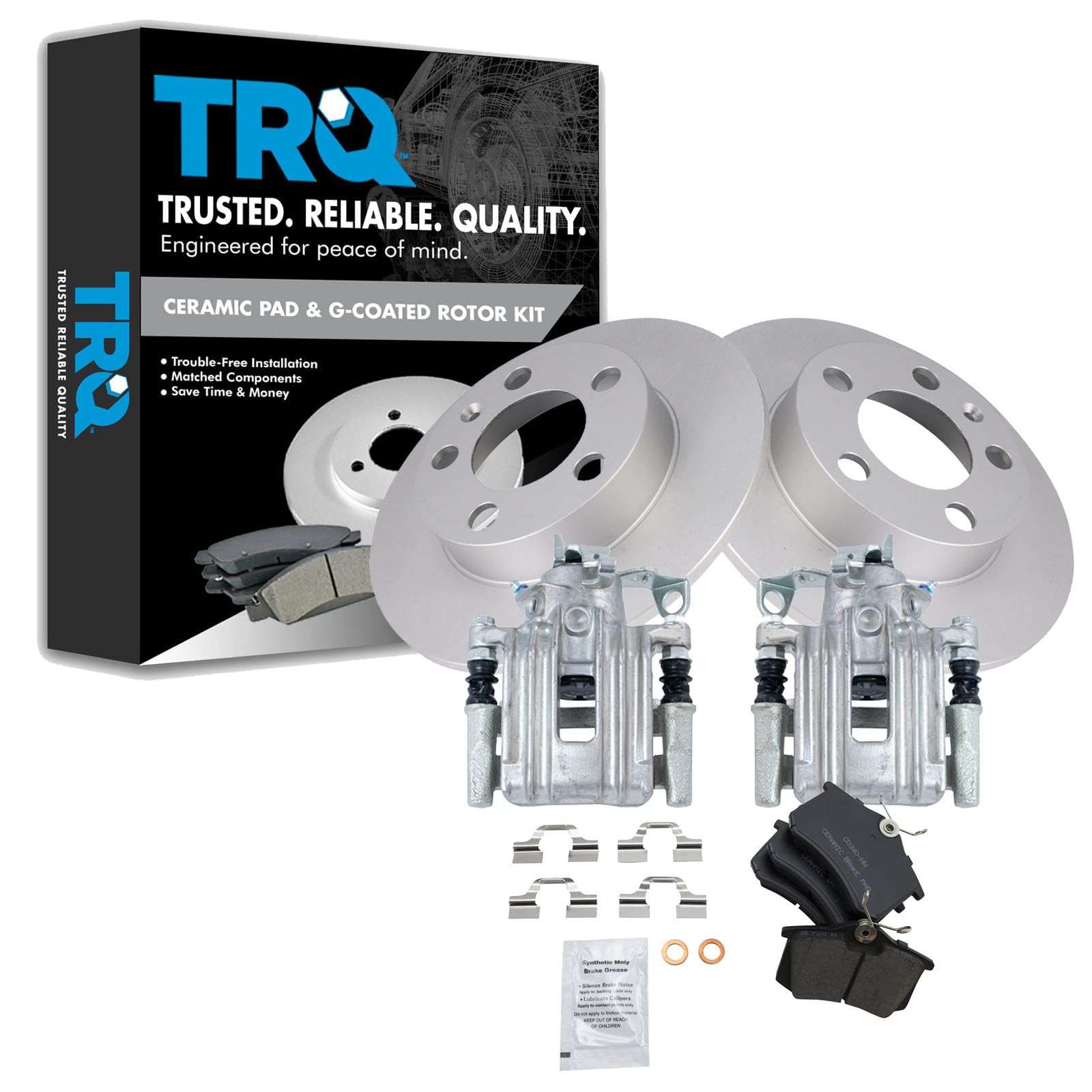TRQ Rear Brake Pad and Rotor Set Ceramic G Coated Solid Rotors Calipers