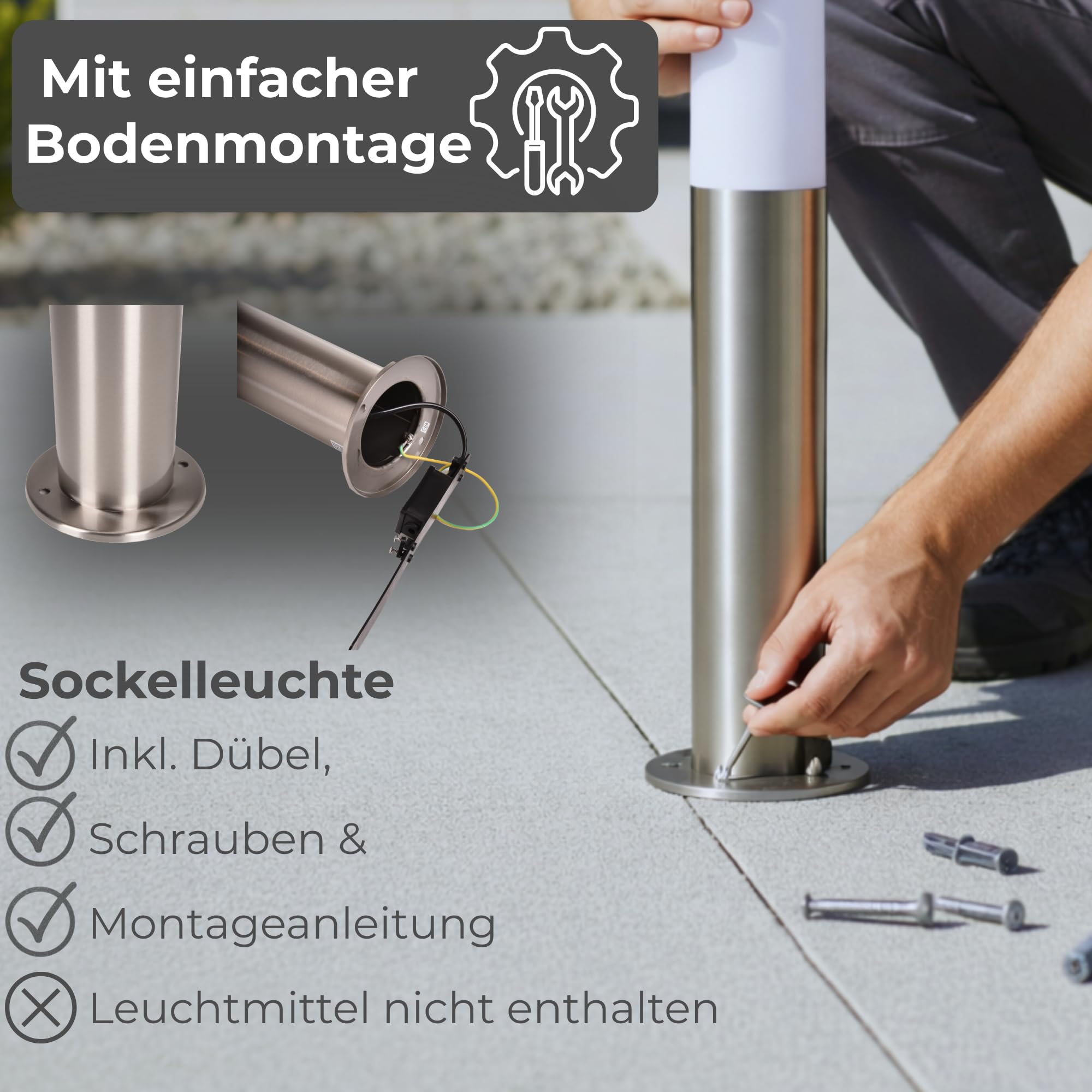 Novatool 4x Wegeleuchte I 45 cm I Edelstahl I IP44 I E27 Sockel I Wegebeleuchtung aussen Aussenleuchten Garten Standleuchte Terassenleuchte Gartenleuchte stehend Terrassenlampe