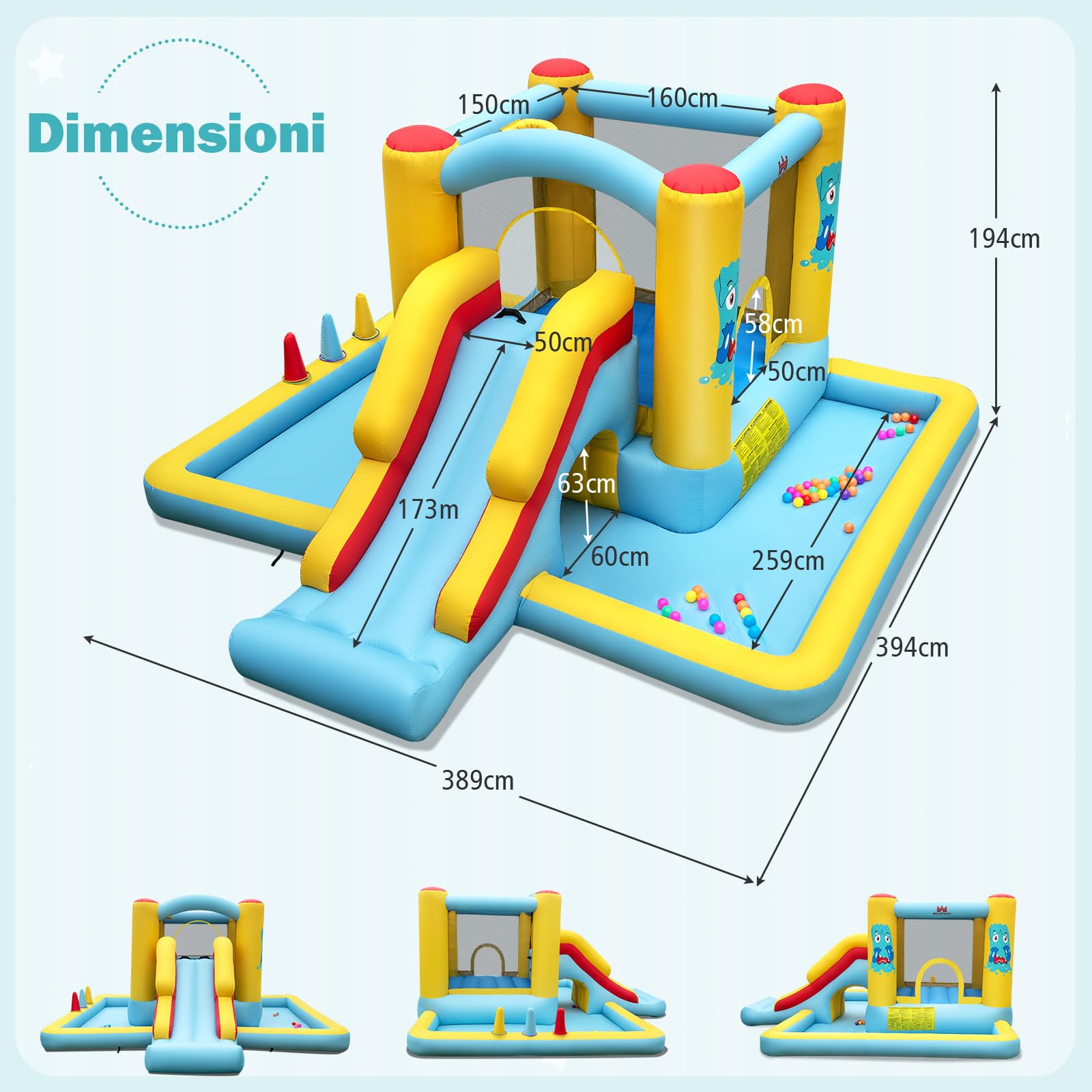 COSTWAY Castello Gonfiabile 7 in 1 per Bambini con Scivolo, Castello Gonfiabile con Mongolfiera, 50 Palline, Anelli e Basket, Gioco Gonfiabile da Interno ed Esterno, per Bambini da 3 a 10 Anni