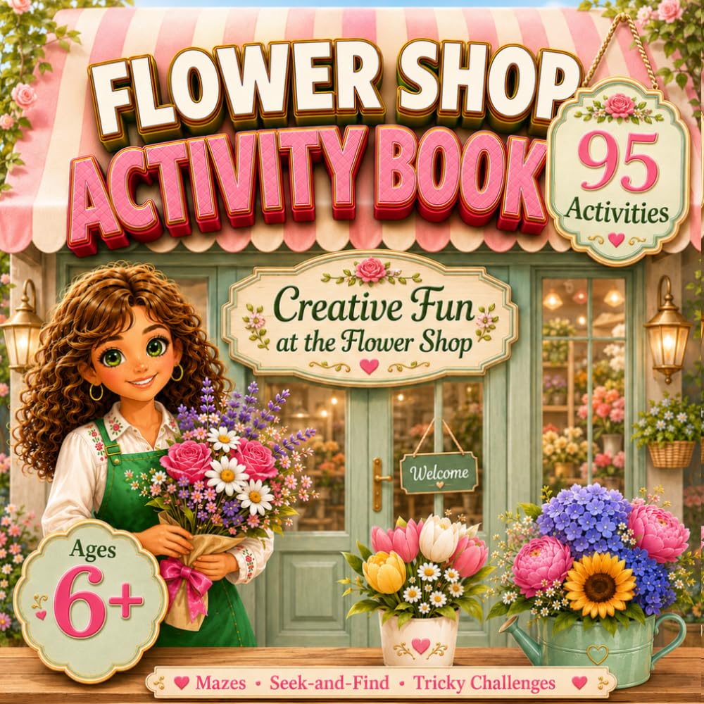 Flower Shop Activity Book for Girls Ages 6-8: Creative activities for Kids: 95 Fun Floral Activities with Mazes, Matching Games, Look-and-Find, Drawing Tasks & More