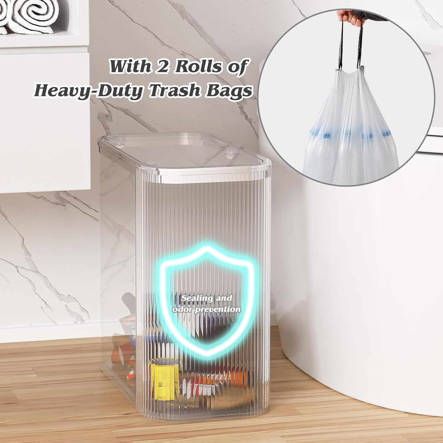 Clear Bathroom Accessories Set 8 Pcs, Trash Can with Bags, Glass Bathroom Set Include Soap Dispenser, Toothbrush Holder, Tumbler, Qtip Holder Set, Vintage Bathroom Sink Set, Cute Bathroom Decor