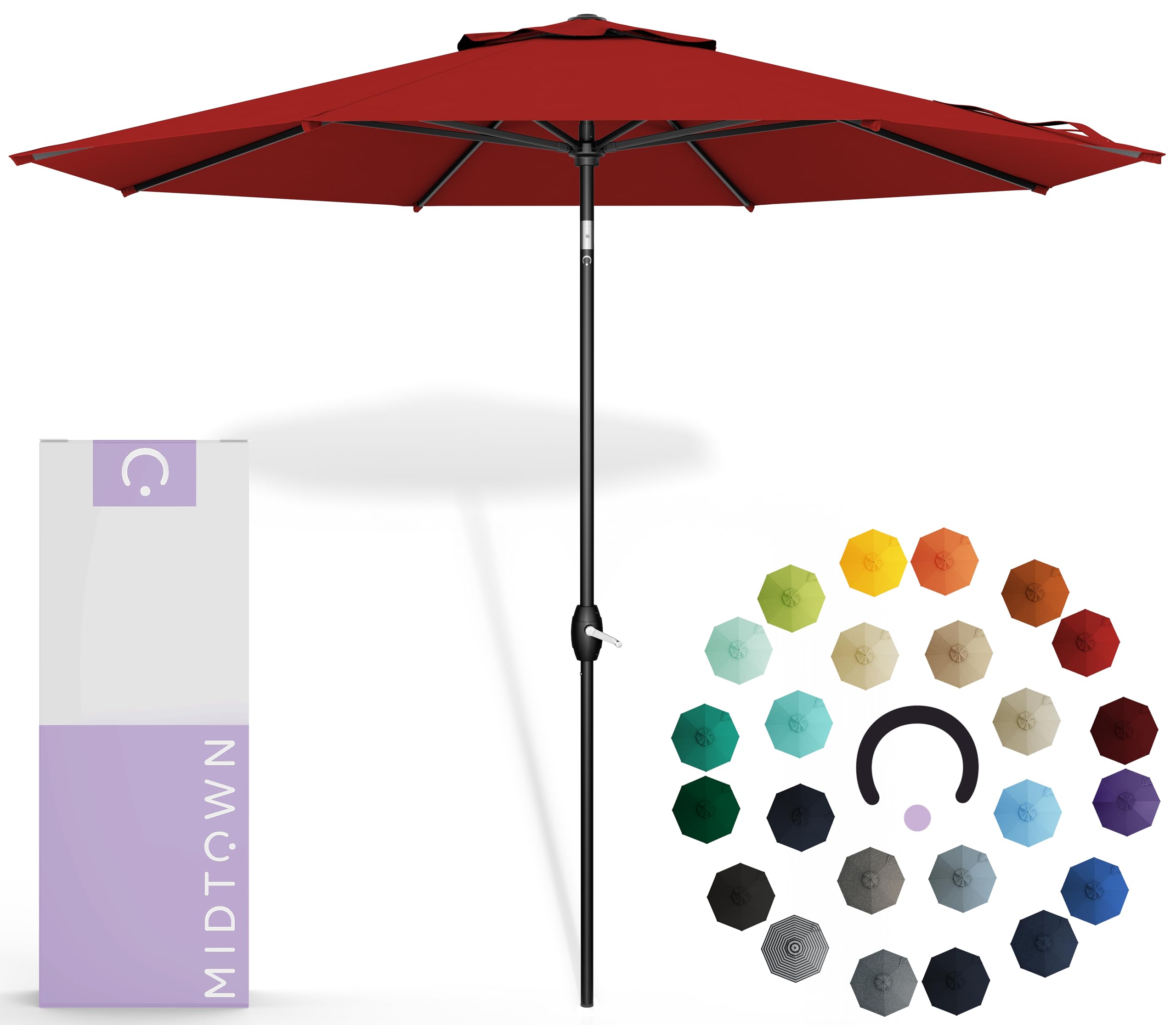 Midtown Umbrellas Sunbrella Umbrella 10 Feet Large Outdoor Umbrella With Sunbrella Red Acrylic Fabric - Auto-Tilt Aluminum Frame Large Patio Umbrella For Backyard, Deck, Garden, Pool - Black Pole