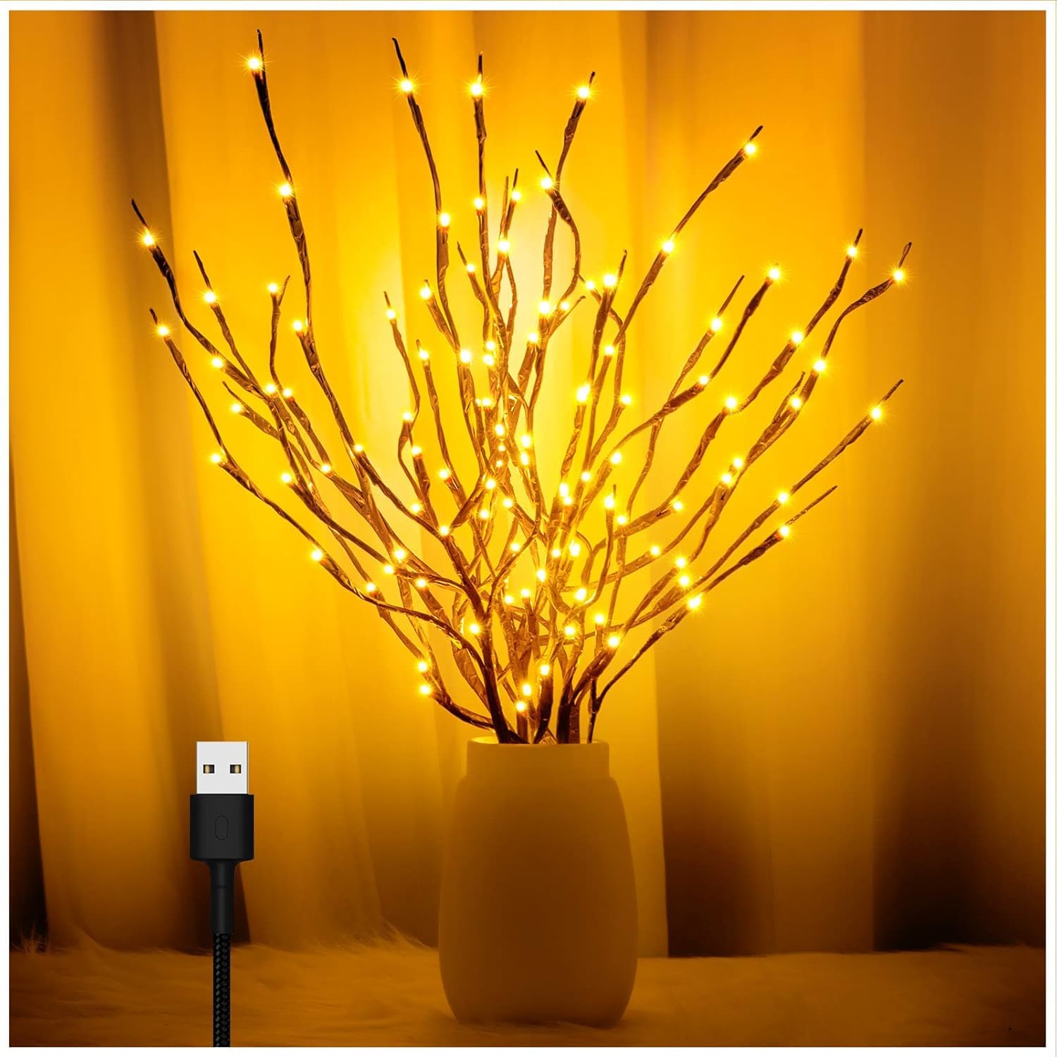 3pcs 30 inch LED branch lights, Twig lights, vase lighting branches, willow branches with USB plugs, DIY decorative lights for Halloween, Thanksgiving, and Christmas artificial trees, warm white ﻿