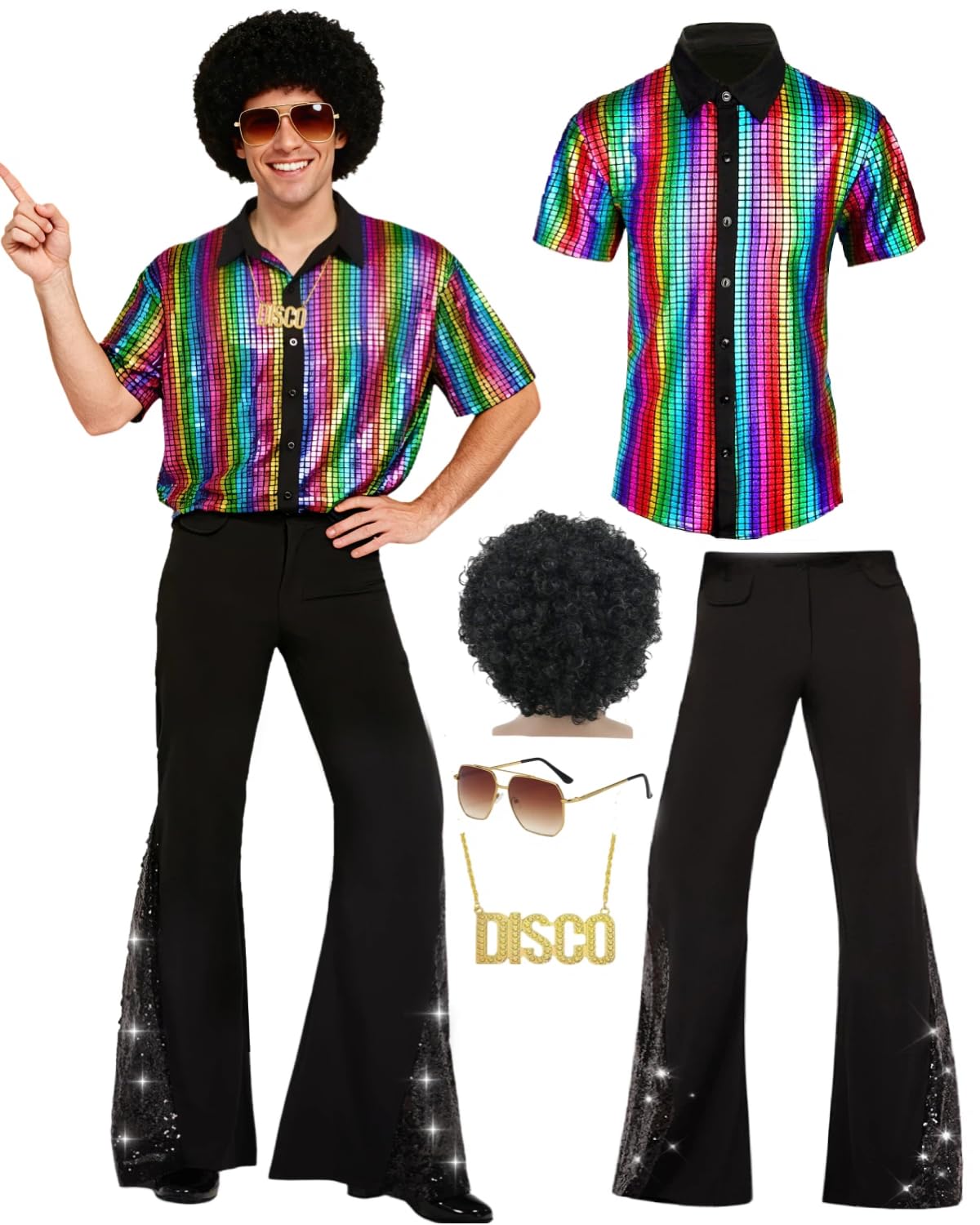 minkasic 70s Fancy Dress Mens 5PCS 70s Shirts for Men with Disco Accessories Wig, Sunglasses, Fake Beard Disco Necklace, Abba Fancy Dress Costume Men Set for 60s 70s Party (Colorful, L) โ image 1