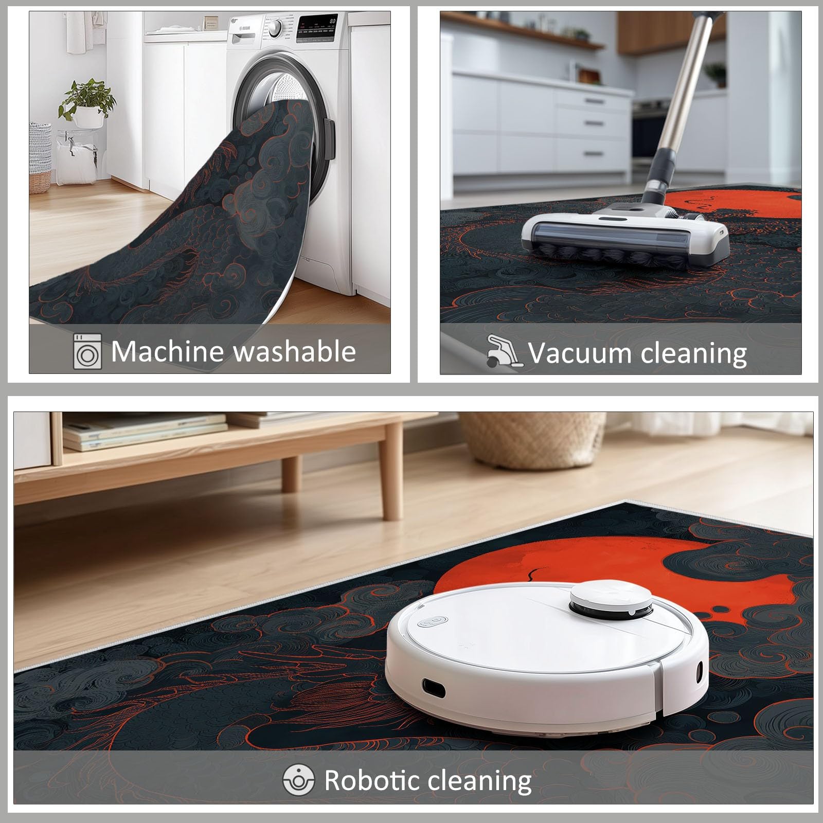 Générique Tapis de Salon 160 x 230 cm Dragon Chinois Fantastique Lune Rouge, Tapis Peinture À L’Encre Antidérapant, Paillasson Interieur Entree à Poil Ras Moquette pour Chambre Bureau Cuisine