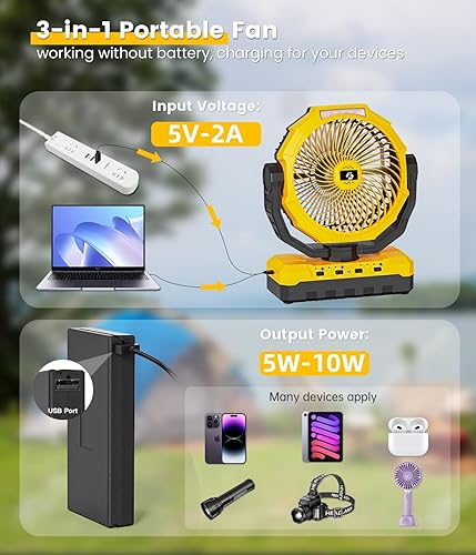 Miniatura 2 de Ventilador de camping portátil 3 en 1, 9 pulgadas, 12000 mAh, batería desmontable, ventilador recargable con LED y control remoto, ventilador de