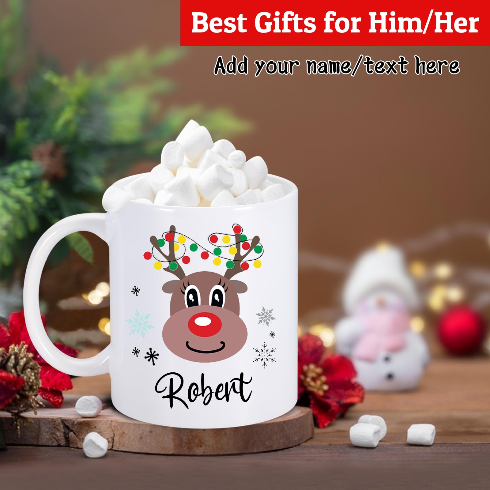 Personalized Christmas Hot Cocoa Mugs With Initial & Name - Custom Ceramic Coffee Cup For Daughter, Son, Family Holiday Gifts