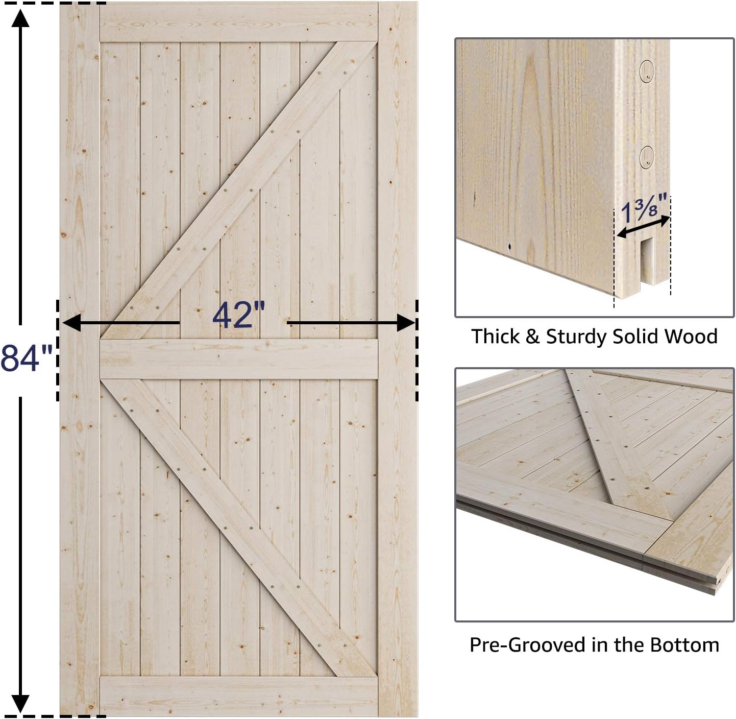 Bеѕt Dеаl SmartStandard 42in x 84in Barn Door Kit, (2-Panel Sliding Door Slab & Pull and Handle Set & Floor Guide), Pre-Drilled Ready to Assemble, Natural Unfinished Solid Wood Door, K-Frame (Fit 7FT -8FT Rail)