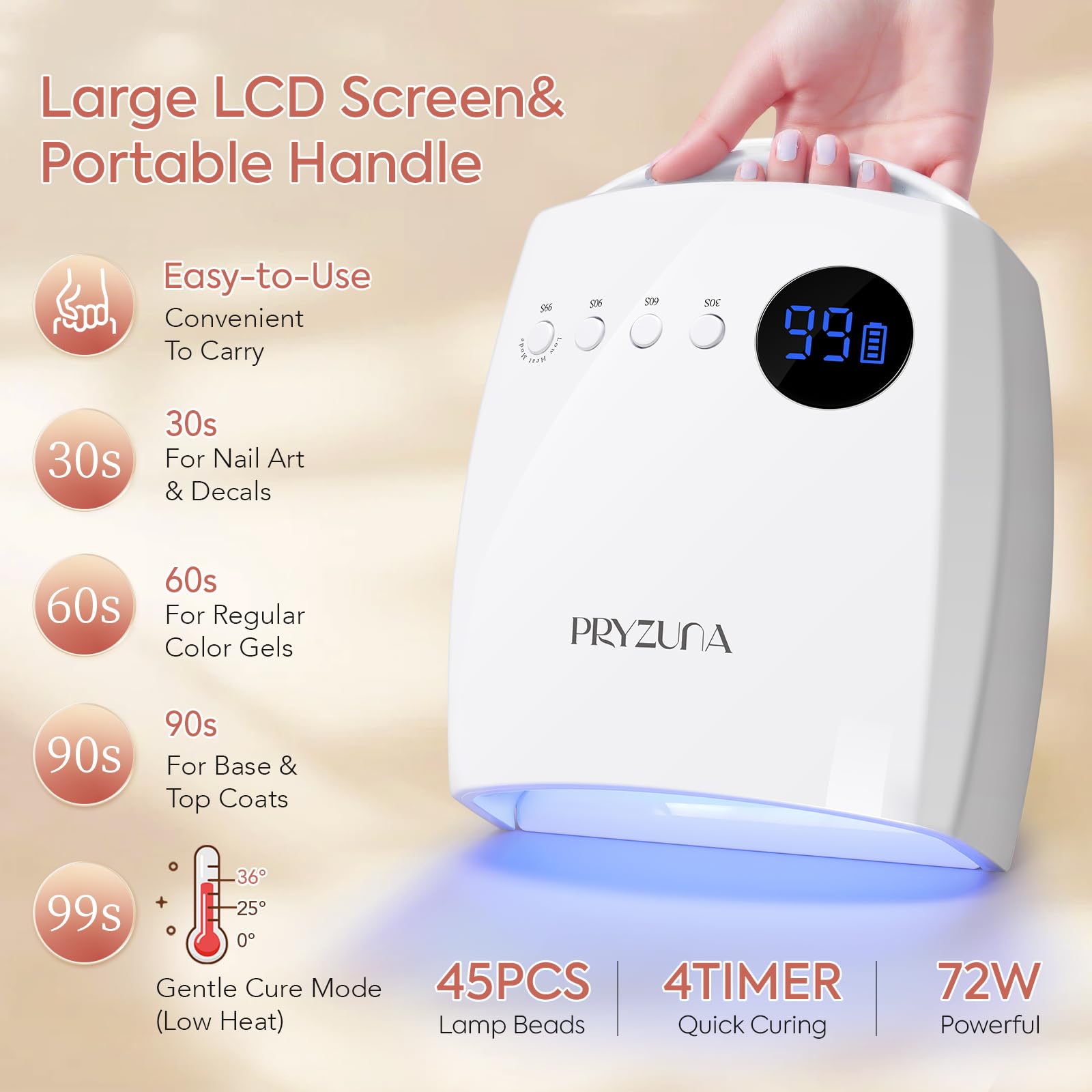 Lámpara LED UV inalámbrica de 72 W, luz UV profesional para uñas de gel, secador de uñas recargable de secado rápido con 4 temporizadores, 45 cuentas, sensor inteligente, soporte de pie retráctil