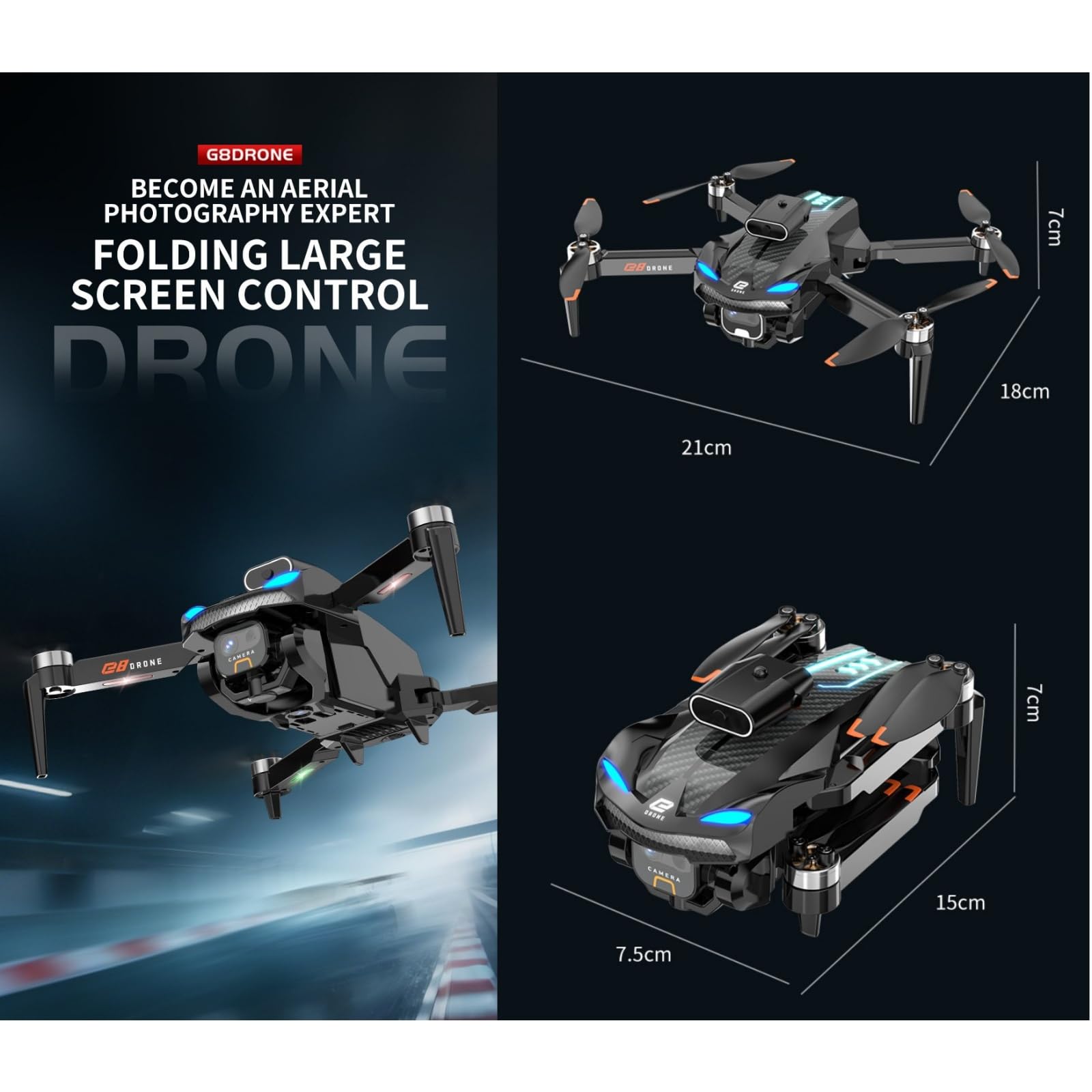 Drone con Evitamento Ostacoli Quadricottero RC Pieghevole | Drone G8 GPS, 5G WIFI FPV Brushless Flusso Ottico Evitamento Ostacoli ESC, Luci Colorate RC
