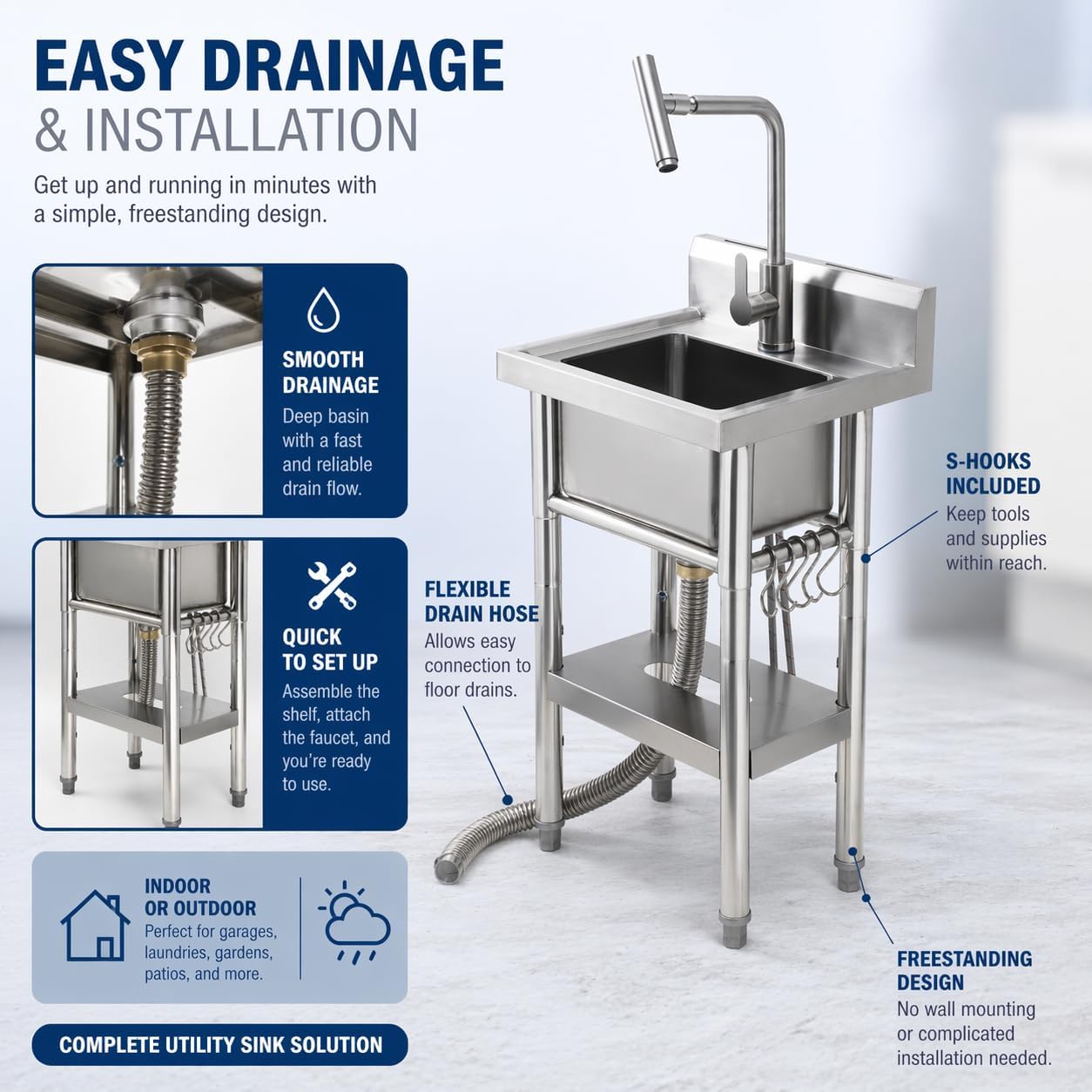 Stainless Steel Freestanding Utility Sink, 17"X15" Compact Single Bowl with t-Shape Faucet, Deep Basin for Laundry Room Garage Kitchen Basement, Easy Install