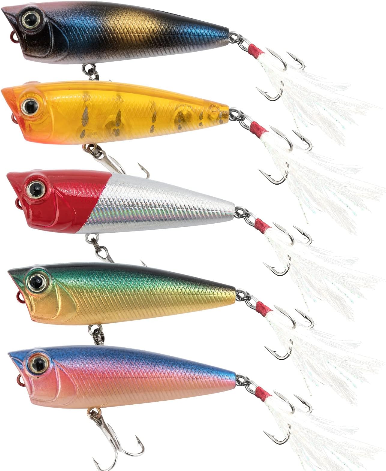 Alwonder 5pcs Topwater Popper Fishing Lures Kit 30ml 6.1cm Treble Hooks Bass Fishing Baits