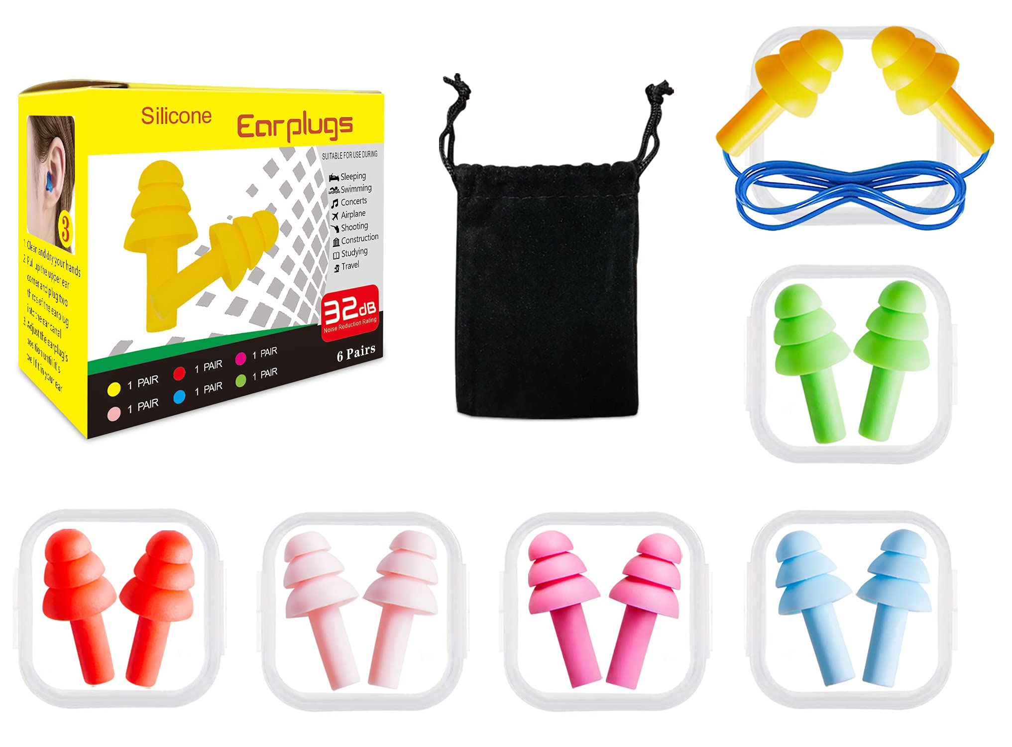 Ear Plugs for Sleeping, 6 Pairs Reusable Silicone Ear Plugs Waterproof Noise Cancelling Earplugs for Sleeping, Snoring, Swimming, Shooting Range, Concerts, Airplanes, Travel, Work