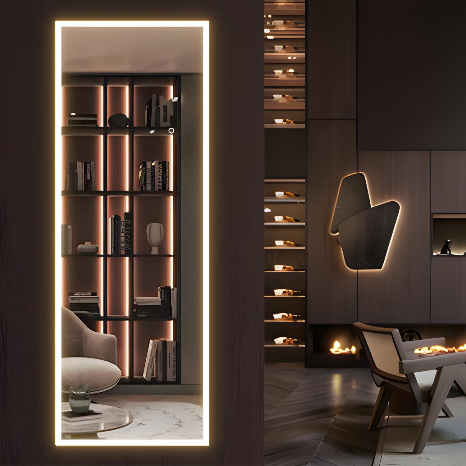 Specchio a figura intera a LED 160 x 50,8 cm, specchio rettangolare grande corpo per camera da letto soggiorno appeso o appoggiato alla parete telaio in lega di alluminio
