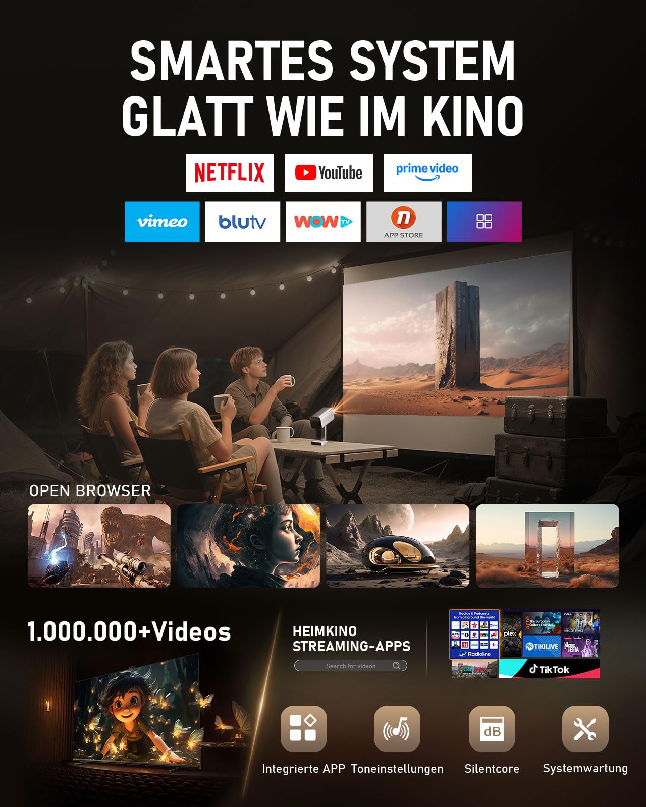 VOPLLS Smart Mini Beamer 4K 28000 Lumen Projektor, Full HD 1080P, WiFi6 Bluetooth, TOF Autofokus, Trapezkorrektur, 210° Drehbar, Kompatibel mit Netflix & Dolby Audio