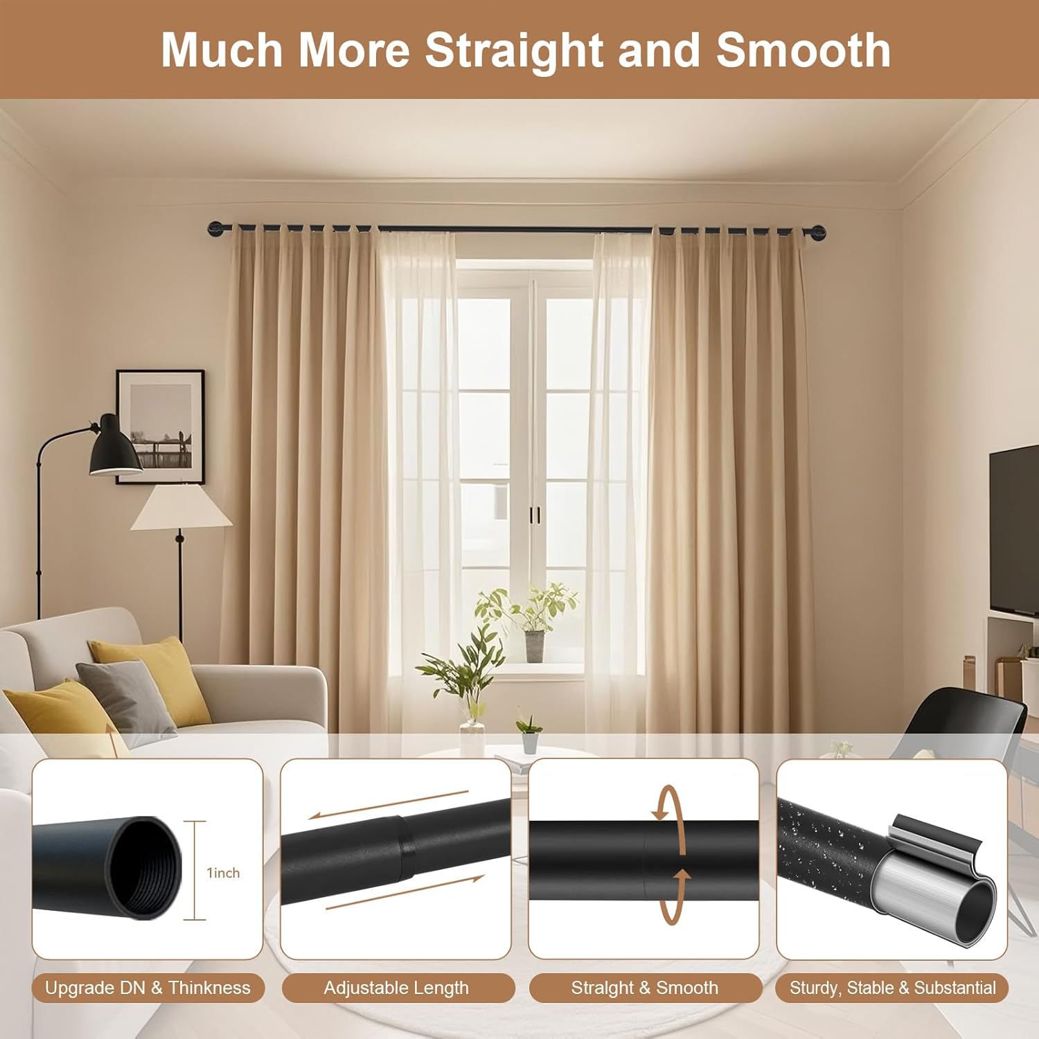 SIBRAD Seamless Wrap Around Curtain Rods 32 to 144 Inch, 1 Inch Heavy Duty Blackout Drapery Pole, Smooth Gliding No-Snag Spliced Connection, Indoor/Outdoor Room Divider, Industrial Black