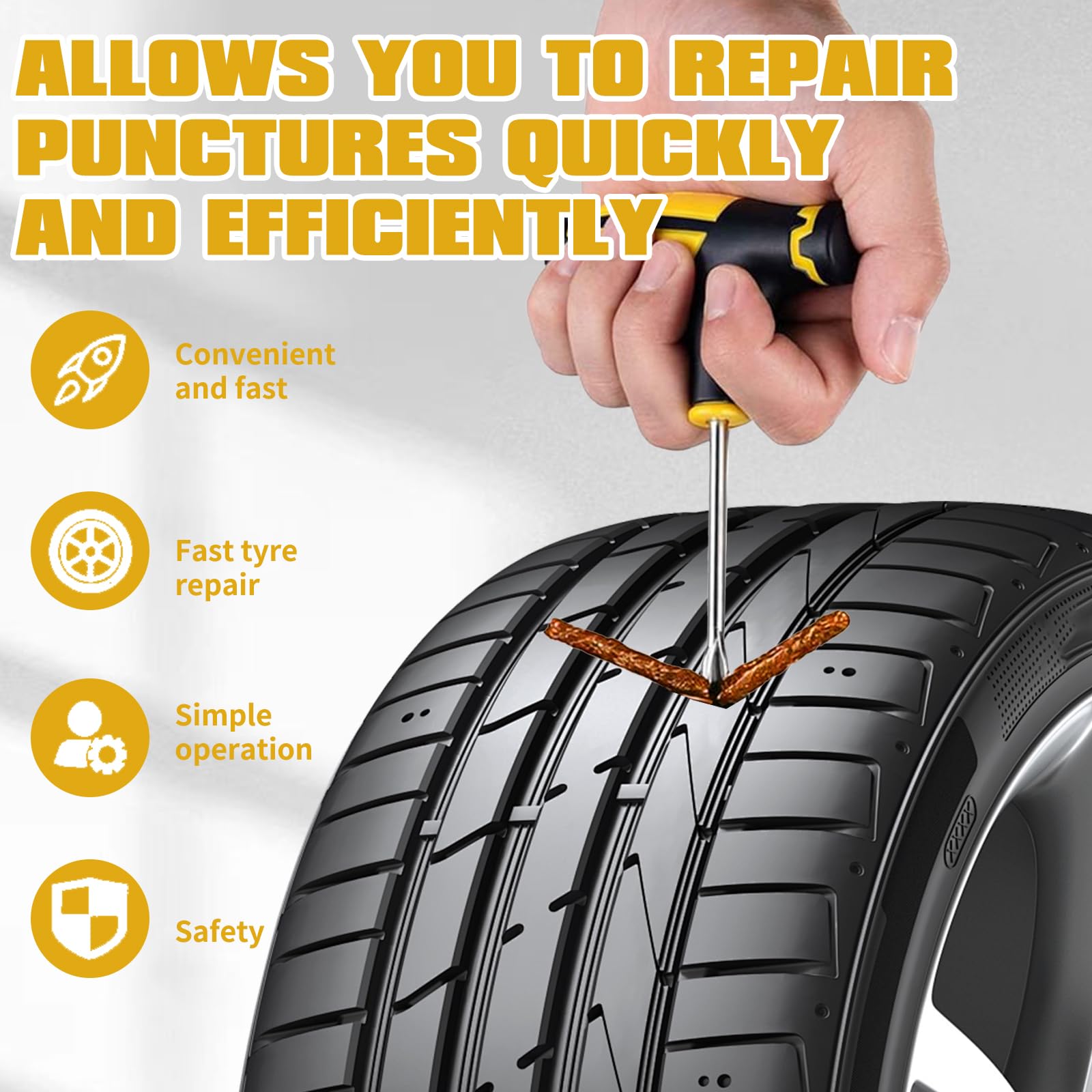 Set di riparazione pneumatici auto, tubeless con 30 strisce di riparazione per pneumatici, 20 strisce marroni e 10 nere e 2 strumenti con impugnatura a T per auto, moto e bicicletta