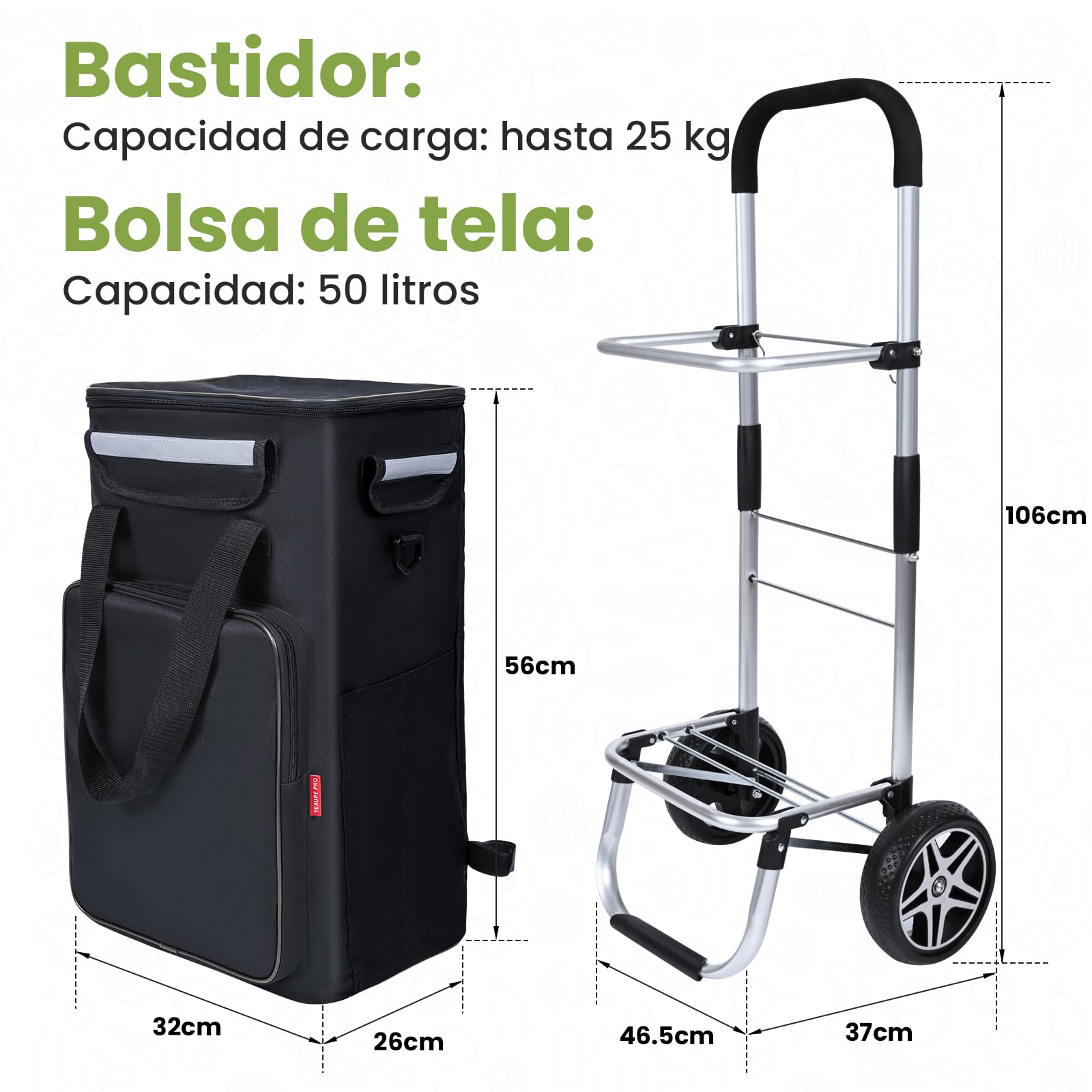 YEAUPE PRO Carro de la Compra, MAX 50L de Capacidad - Carrito de 2 Ruedas, 3 en 1 con Bolsa Térmica Desmontable - para Compra Semanal, Picnic o Viaje - Negro