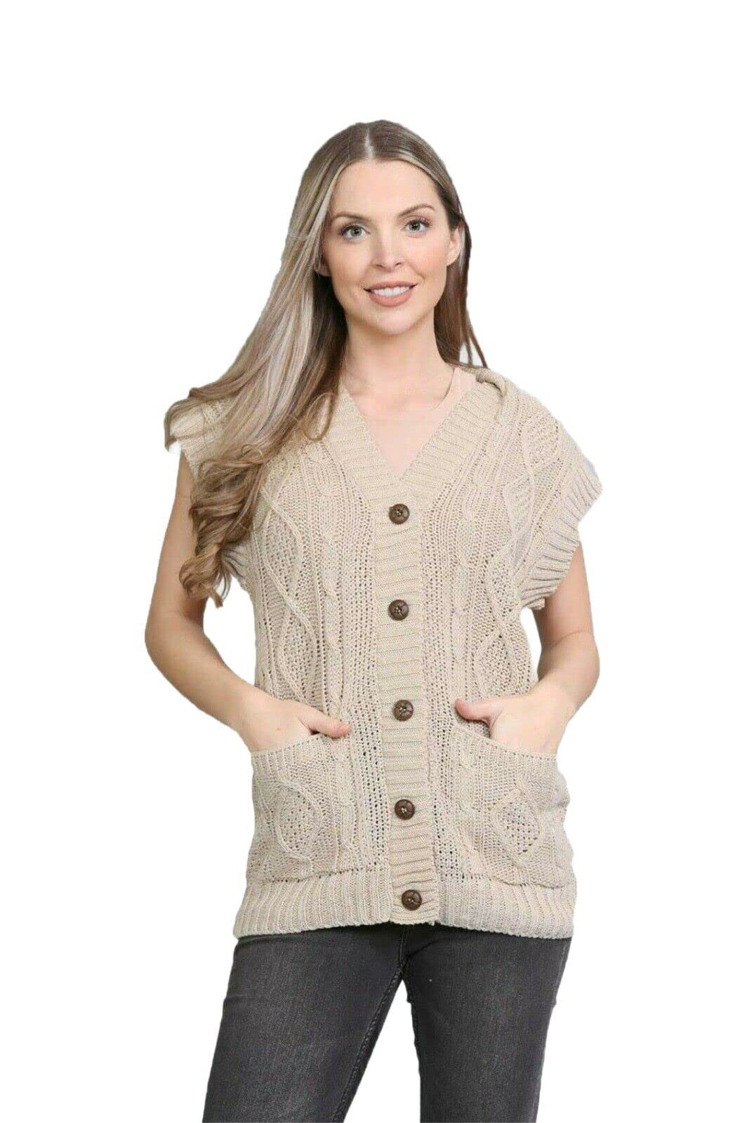 WearAll Womens Sleeveless Cable Knitted Grandad Cardigan Ladies 5 Button Casual Winter Sweater Waistcoat Top Plus Stone 16-18