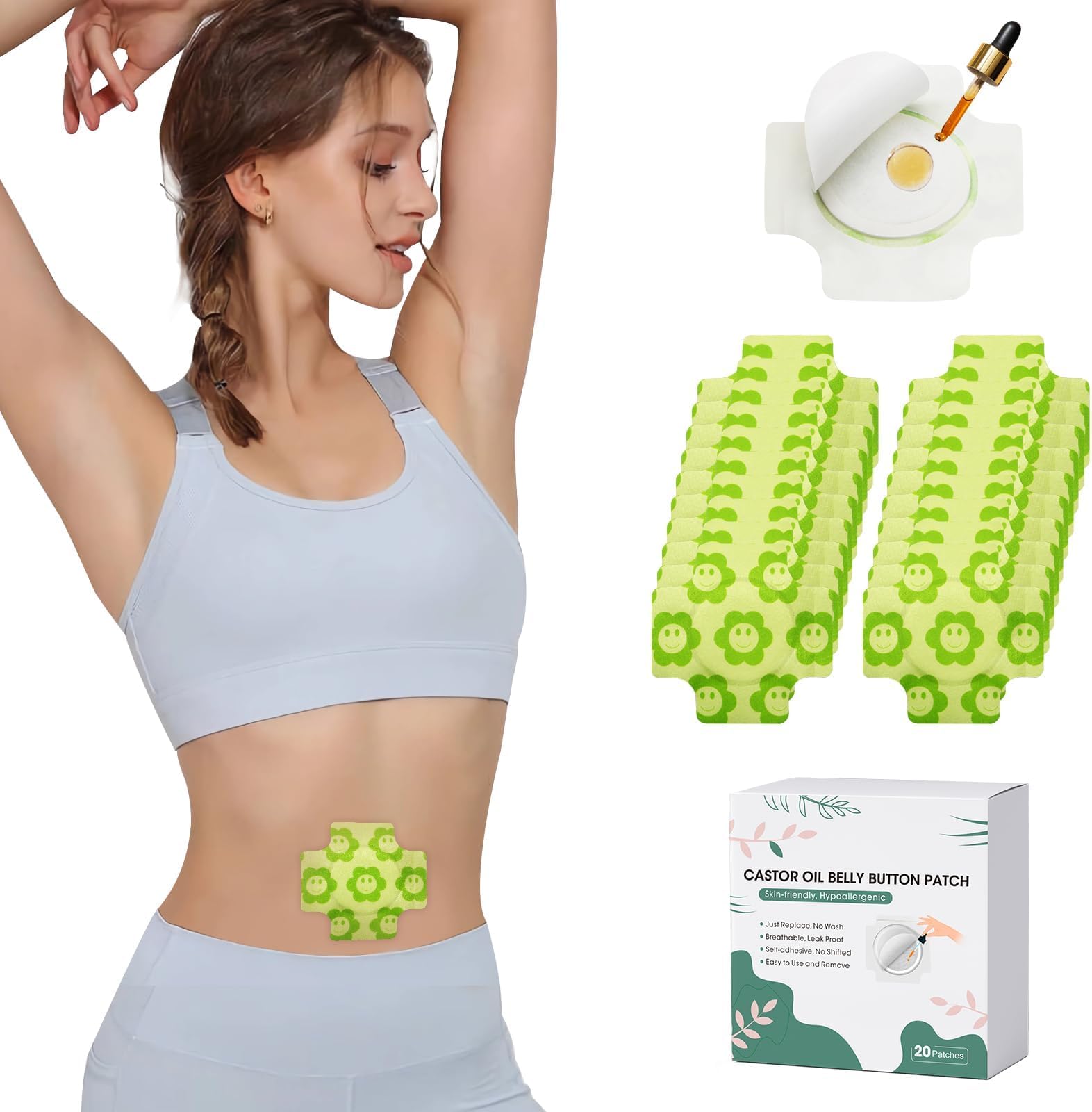 20Pcs Castor Oil Pack Wrap for Belly Button, Disposable Castor Oil in Belly Button for Liver Detox, Highly Absorbent Self-Adhesive Castor Oil Wrap Organic Cotton, Anti-Seepage, No Wash, Easy to Use