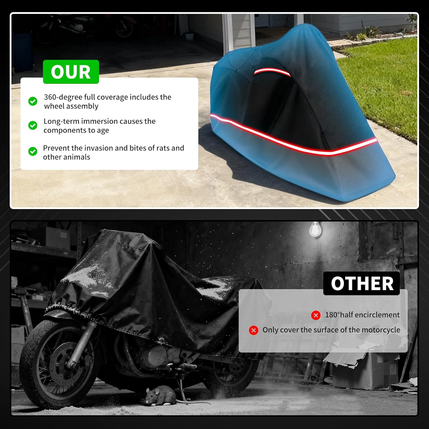 Full Enclosed Motorcycle Cover,Waterproof for Outdoor & Indoor Storage, 600D Heavy Duty with Reflective Strips, Fits Scooters & Touring Motorcycles up to Length 108" x 45" x 59" Black&Gray