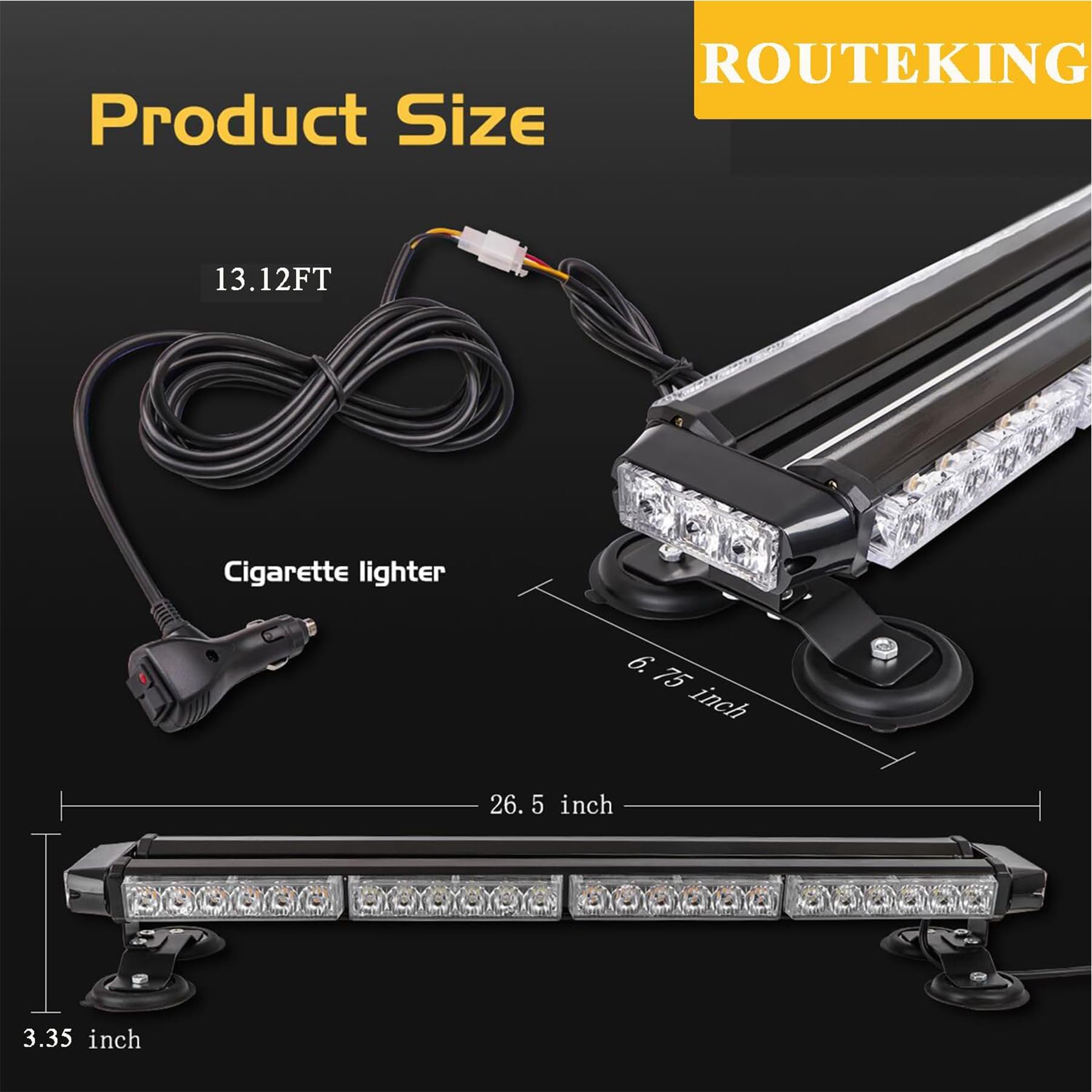 Barre Gyrophare LED Orange 67cm 12/24V, 54 LED, 7 Modes | Rampe à fixation magnétique 16 aimants, IP67 étanche, idéale sous pluie, neige et brouillard, voitures et dépanneuses