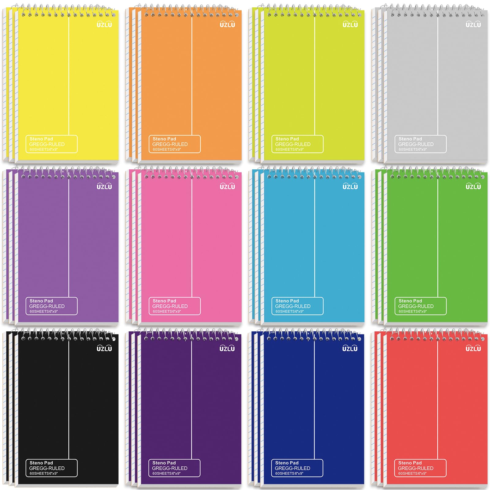Paquete de 24 blocs Steno de 6 x 9 pulgadas, cuaderno con tapa en espiral a granel, 12 bloc de notas de colores surtidos, 60 hojas, papel de escritura Gregg, cuadernos Steno para estudiantes
