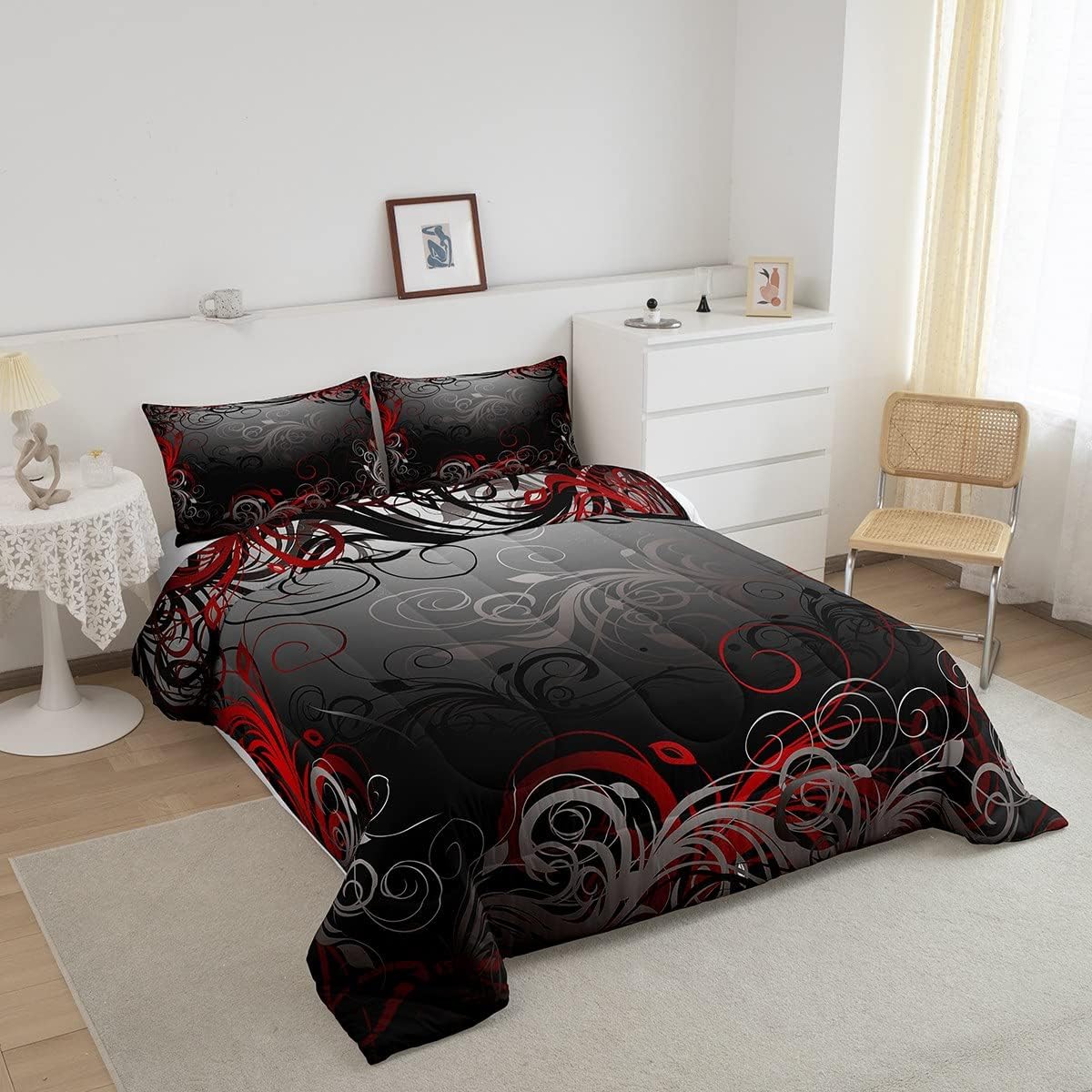 Homewish Gray Floral Swirls Comforter Set Queen Size,Gothic Leaf Bedding Set 3pcs for Kids Teens Adult Room Decor, Abstract Mystic Trippy Quilt Set Black Red Duvet Insert with 2 Pillowcases