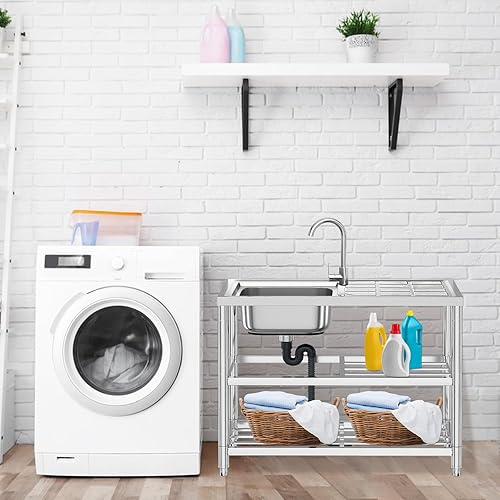 Miniatura 2 de Fregadero para exteriores, fregadero de acero inoxidable, fregadero de cocina independiente con tubo de agua fría y caliente, grifo, banco de