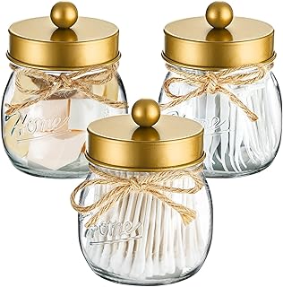 SheeChung 3Pack Warm Golden Undertones Bathroom Decor, Cotton Swab Holders, Bathroom Container Set, Restroom Decor for Cotton Round Pads, Balls, Floss Pick - Brushed Gold