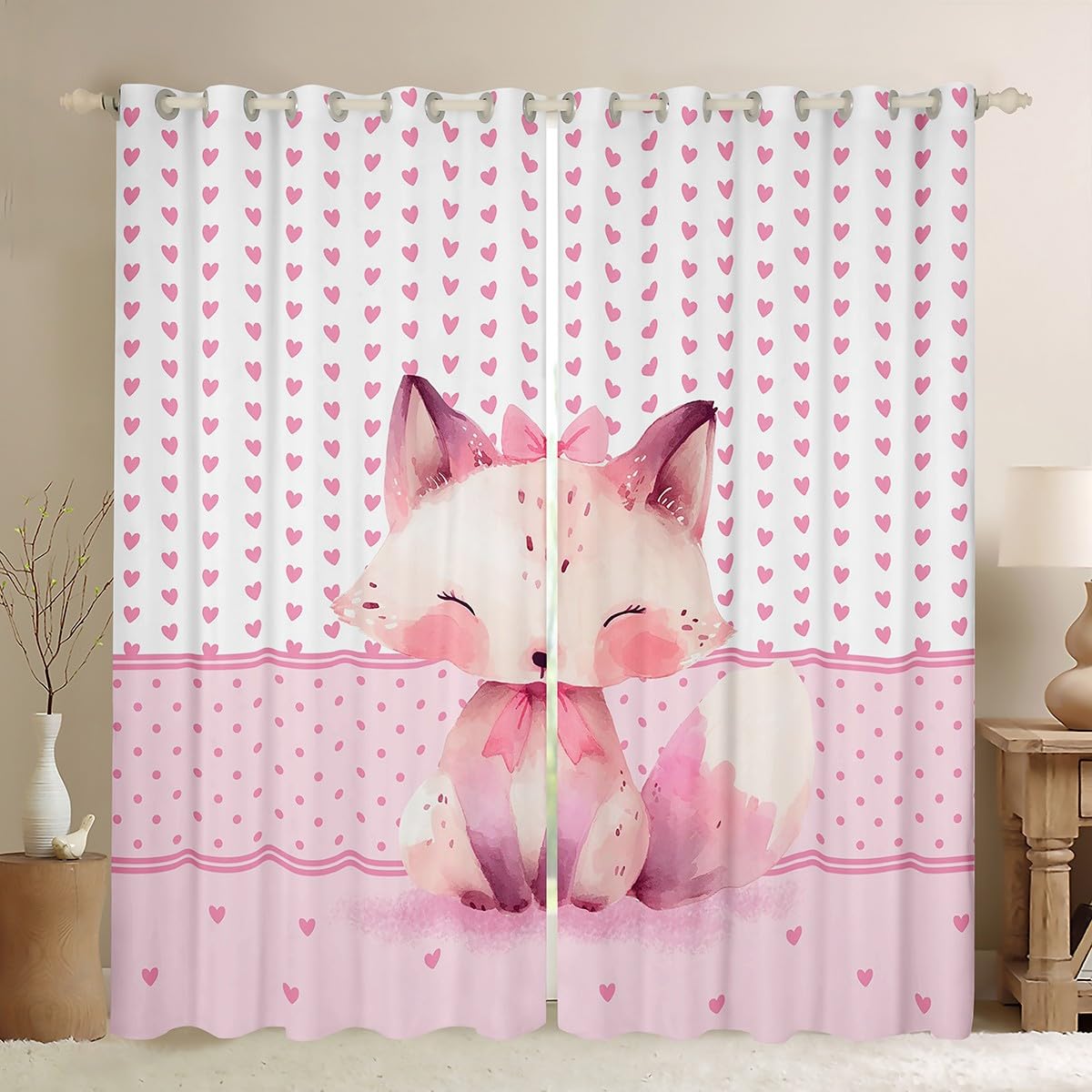 Homemissing Cute Fox Curtain (2 Panels, W46*L72) Bowknot Love Pattern Blackout Shades Pink Cartoon Animal Room Darkening Curtain Microfiber