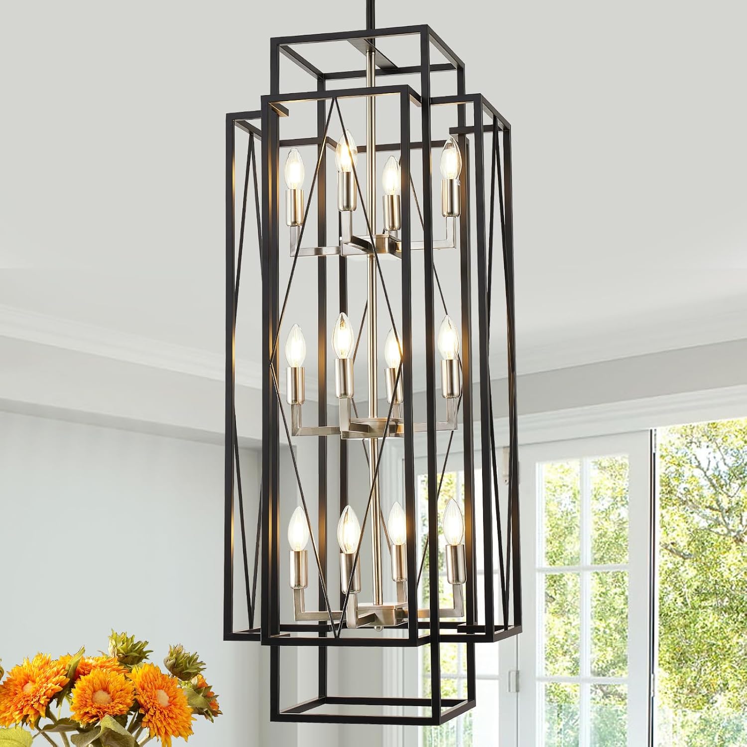 8-Light Lantern Tiered Pendant Light Fixtures, No Assembly Required Farmhouse Chandelier for Entryway, Large Chandeliers for High Ceilings, Modern Hanging Light Fixture for Foyer, Staircase